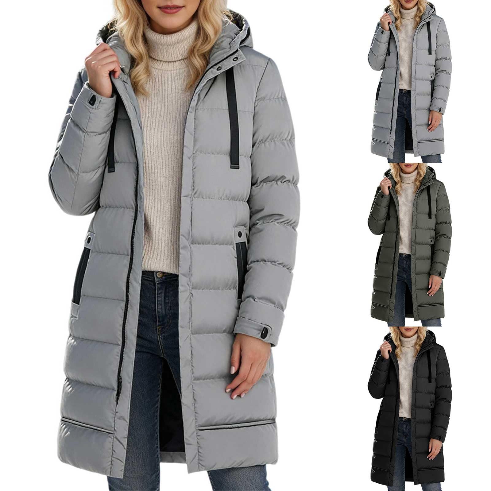 Generisch Wintermantel Lang Damen Warme Steppjacke Flauschige Jacke mit Kapuze Winter Mantel Winddicht Daunenjacken mit Taschen Winterjacke Full Zip Skijacke Puffer Jacken