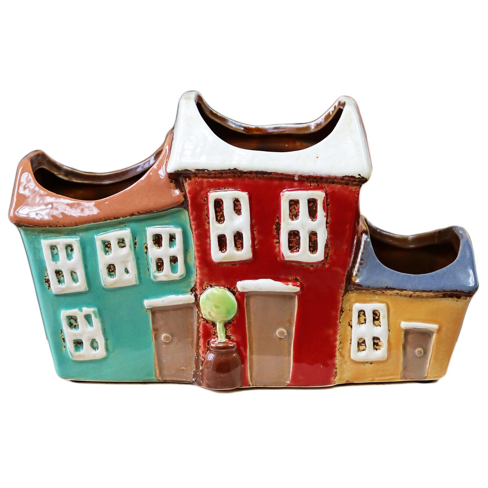 Darthome Multicolor Terraced Houses Plant Pot Ceramic Three Colourful Homes Indoor Planter Ornament