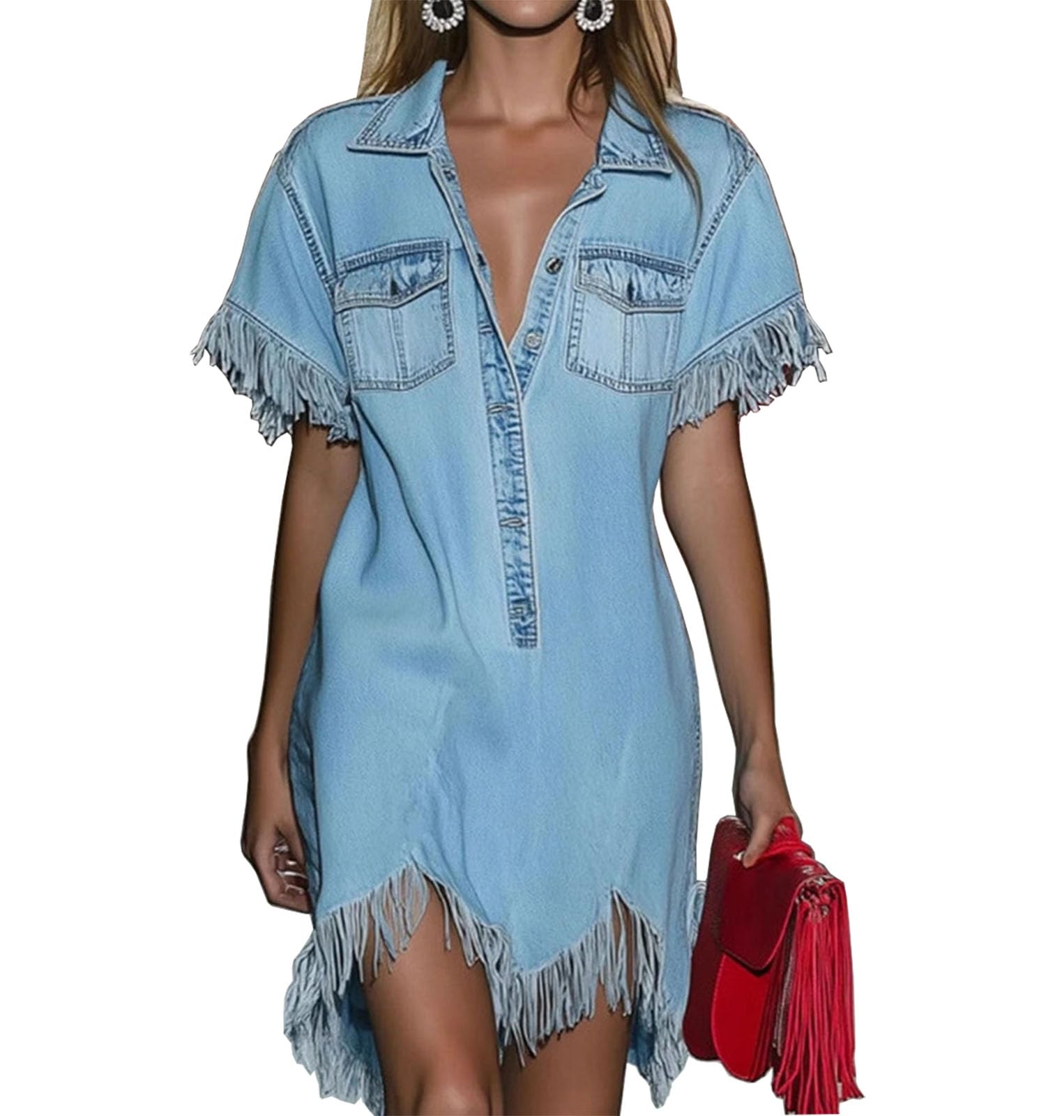 Robe en Jean pour Femmes, à Franges, Manches Courtes, col Polo, Chemise, Ourlet Fendu, Robe en Jean Occidentale, Robes Courtes d'été