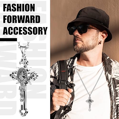 Miniatura 3 de Yaomiao Collar de medalla de San Benito 3 piezas collar de medalla de San Miguel collar de acero inoxidable con dije de cruz de San Benito para