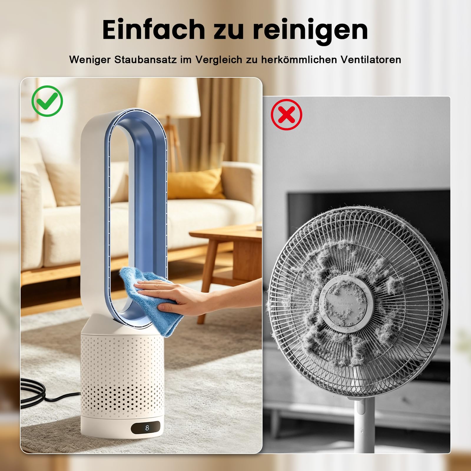 Rotorloser Ventilator mit Fernbedienung, Bladeless Fan, mobiles Klimagerät, 8 Gänge, 90° Oszillation, 30W, Blau