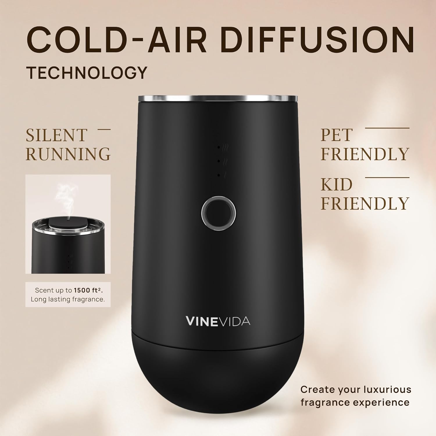 VINEVIDA Waterless Diffuser - Essential Oil Diffuser for Home - Black Scent Diffuser for Home, Battery Operated Aromatherapy Diffuser - Car, Room Fragrance Air Diffuser