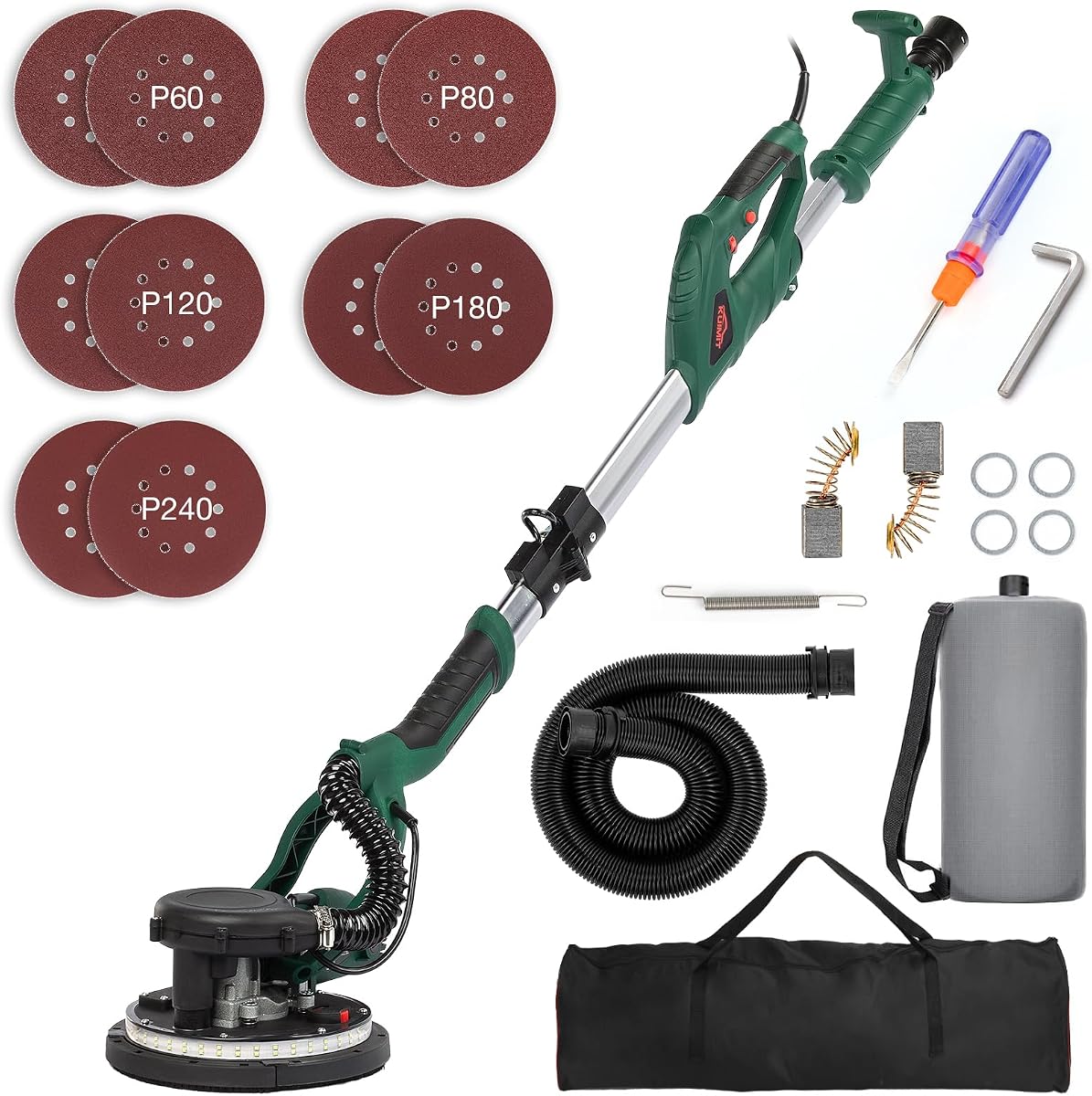 Drywall Sander, 850W Electric Sander with 12 Pcs Sanding Discs, 6 Variable Speed 800-1750 RPM Wall Sander with Extendable Handle, LED Light, Long Dust Hose, Storage Bag