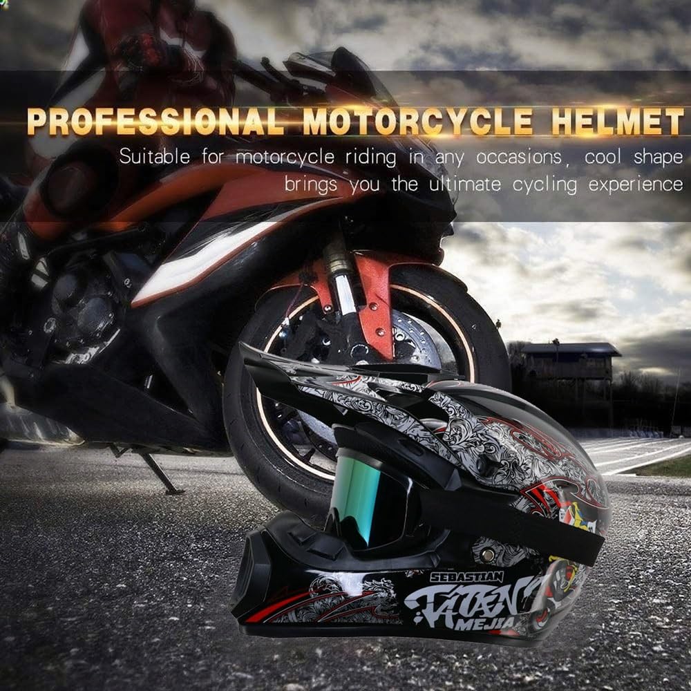Casco Integral para Motocross Homologado por La Dot - Kit Completo de Casco para ATV para Adultos Y NiñOs con Gafas, Guantes, MáScara, Visera Ajustable Y Cierre RáPido