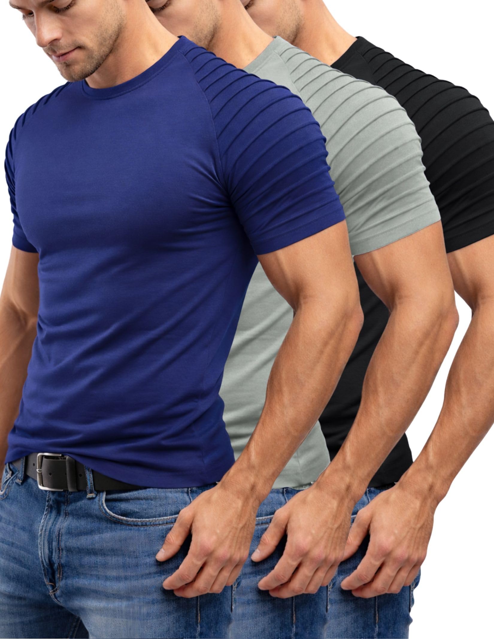Paquete de 3 camisetas largas Hispter para hombre con mangas plisadas, atléticas raglán para entrenamiento, gimnasio, culturismo