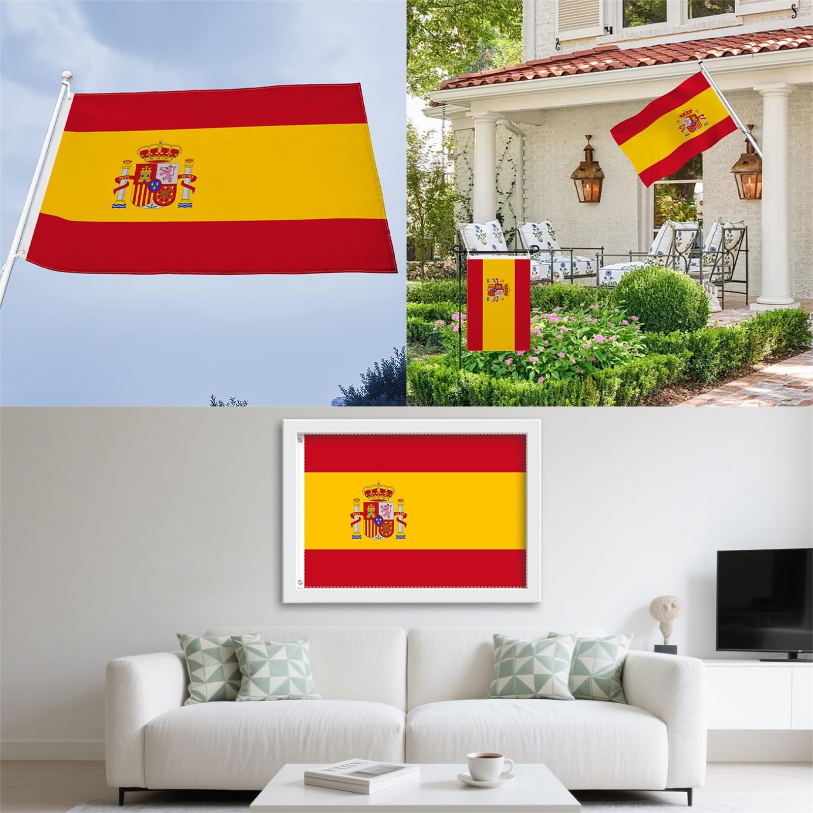 Aoihrraan Bandera Española 180x300cm Doble Cara Brillante Celebración Al Aire Libre De España Agotada En Una Bandera Decorada Con 8 Anillos Fuertes En El Porche