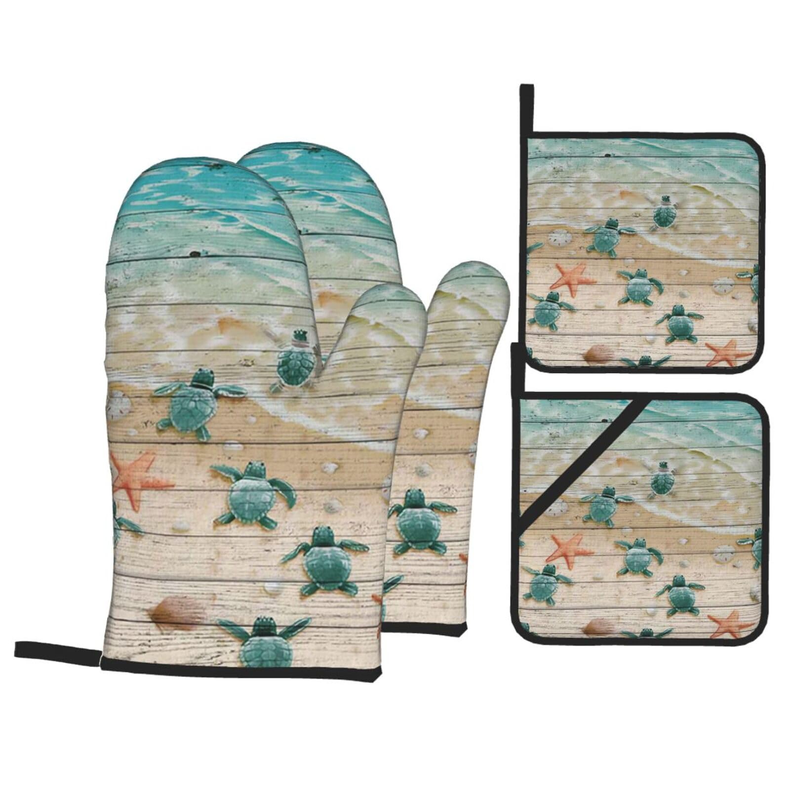 Sea Turtle Starfish Print Stylish Heat-Resistant Oven 4-Piece Set Kitchen Gloves Roasting Daily Cooking