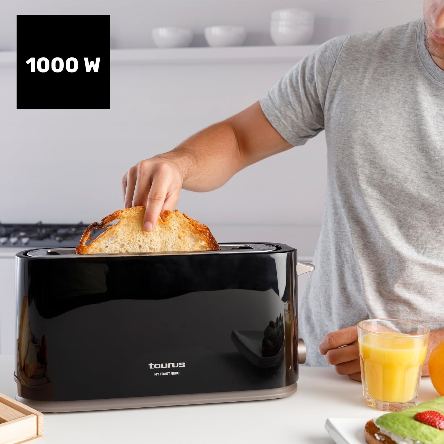 Taurus, Tostadora Mytoast Nero 1000W, 7 Niveles de Tostado, Ranura Extralarga 26x3.8, Sistema Autocentrado, Bandeja Recogemigas, Elevación Extra, Recoge Cable, Pies Antideslizantes