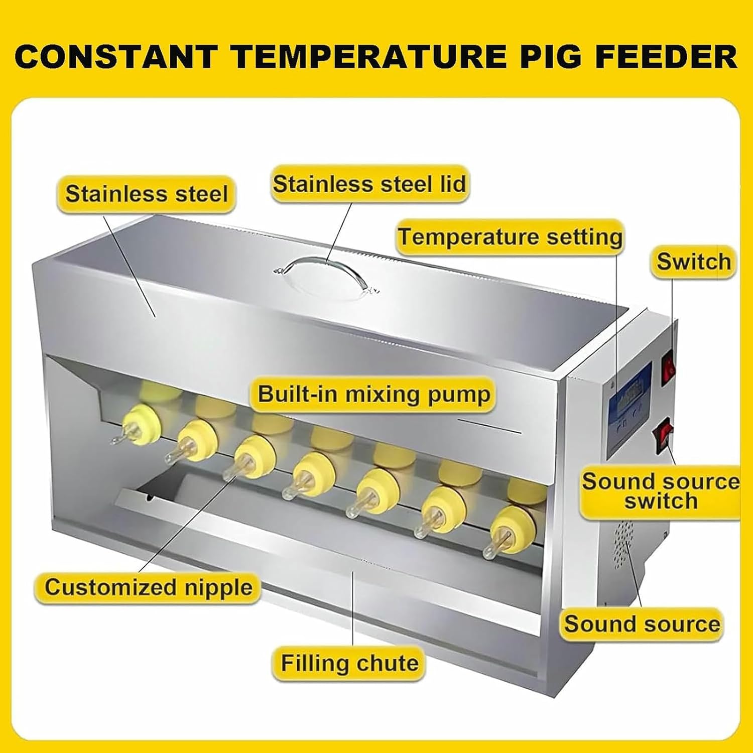 Stainless Steel Piglet Automatic Constant Temperature Milk Feeder, with Sound Source Hole, Nipple Silicone Piglet Feeding Station, Suitable for Farms and Ranches