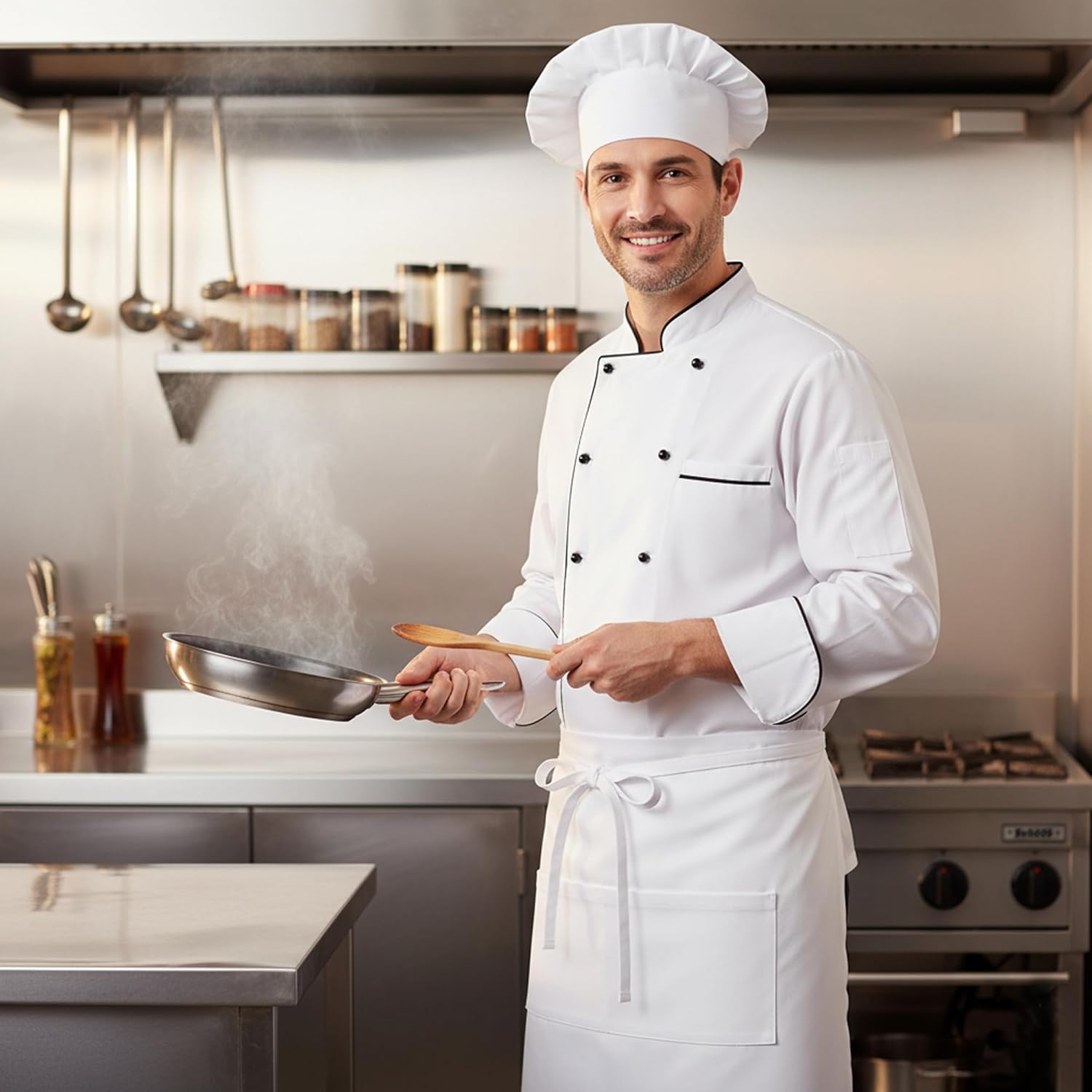 2-Piece Cooking Costume and fDaily Use Uniform for Kitchen Adult White Cotton Hat and Chef Apron - Image 2