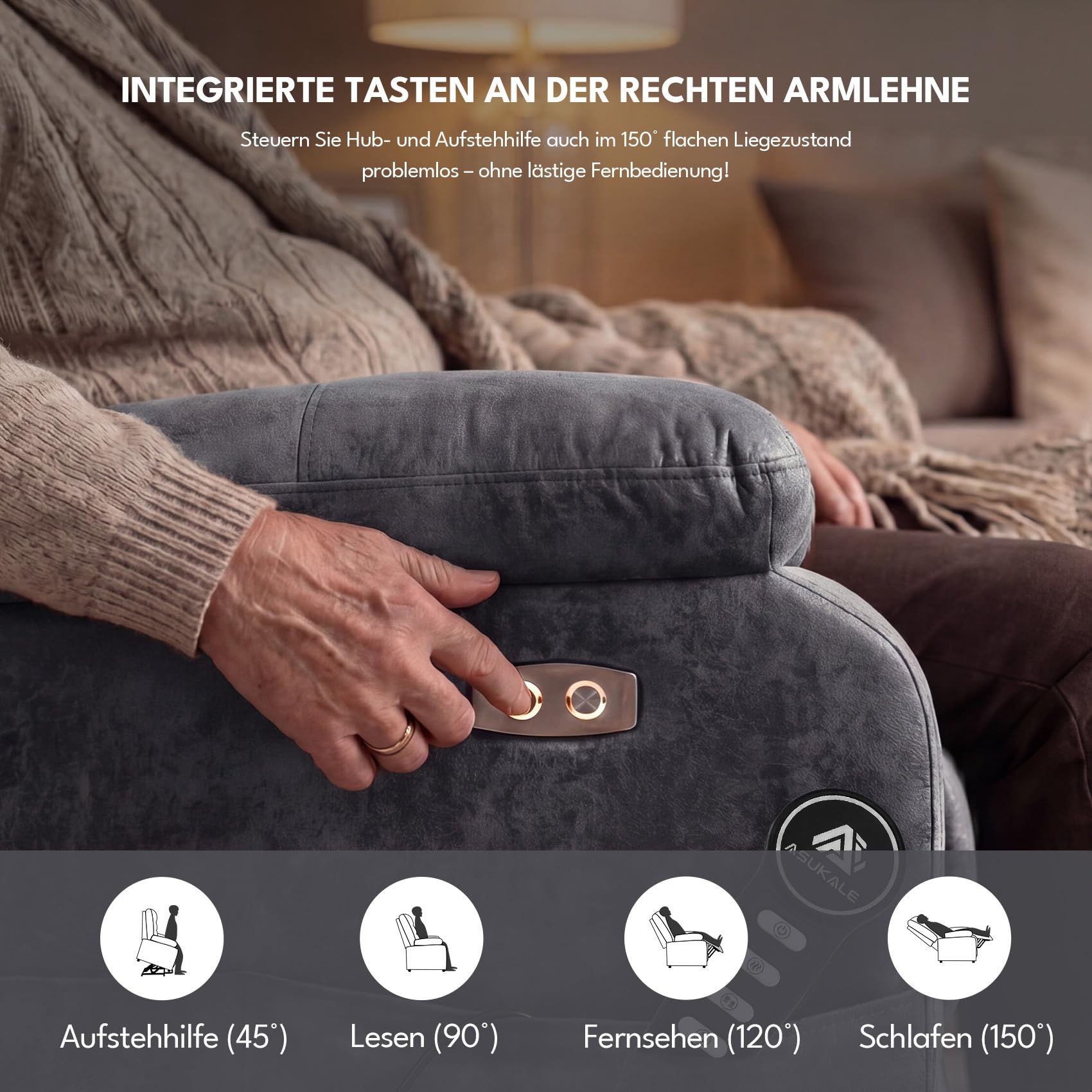 Elektrischer Fernsehsessel mit aufstehhilfe, Relaxsessel Massagesessel mit Wärmefunktion, Liegefunktion, Fernbedienung Verstellbar, Schlaffunktion und Fußteil, bis 220kg,Dunkel Grau Flockleder