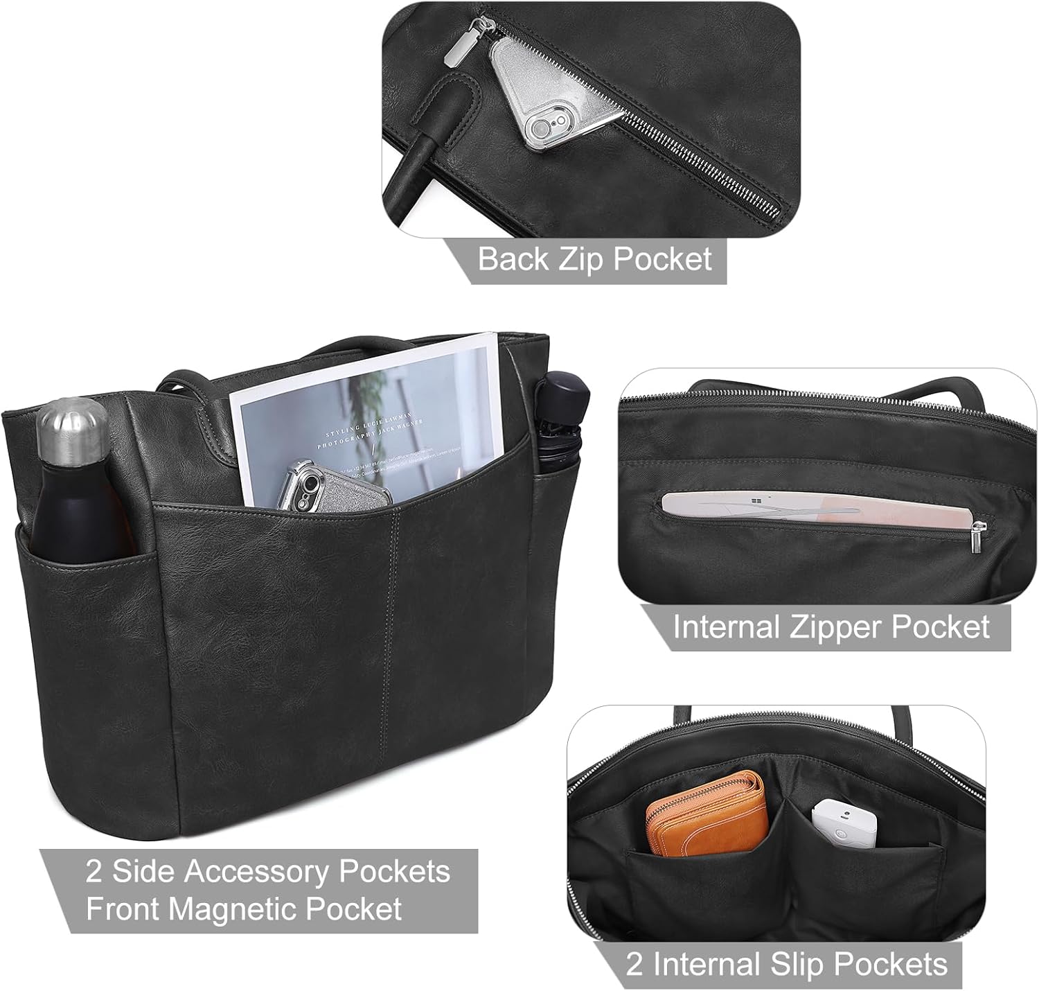 Large Tote Bag for Women Work Vegan Leather 23L Womens Tote Purse with Zipper Ladies Handbags - Image 5