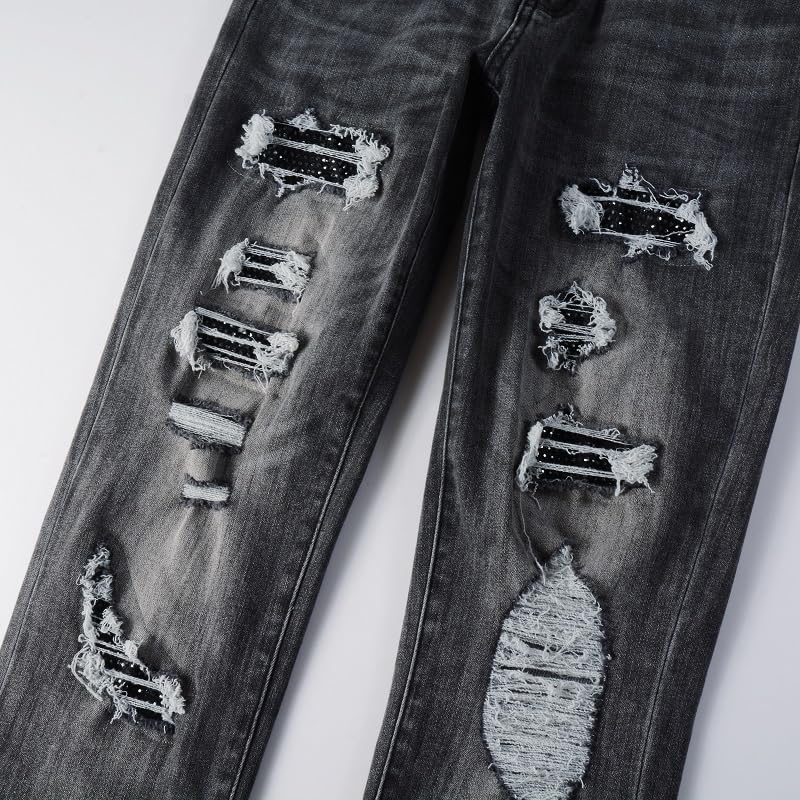 Mens Black Crystals Knee Patchwork Jeans Skinny Stretch Slim Distressed Ripped Rhinestone Stripe Pants2