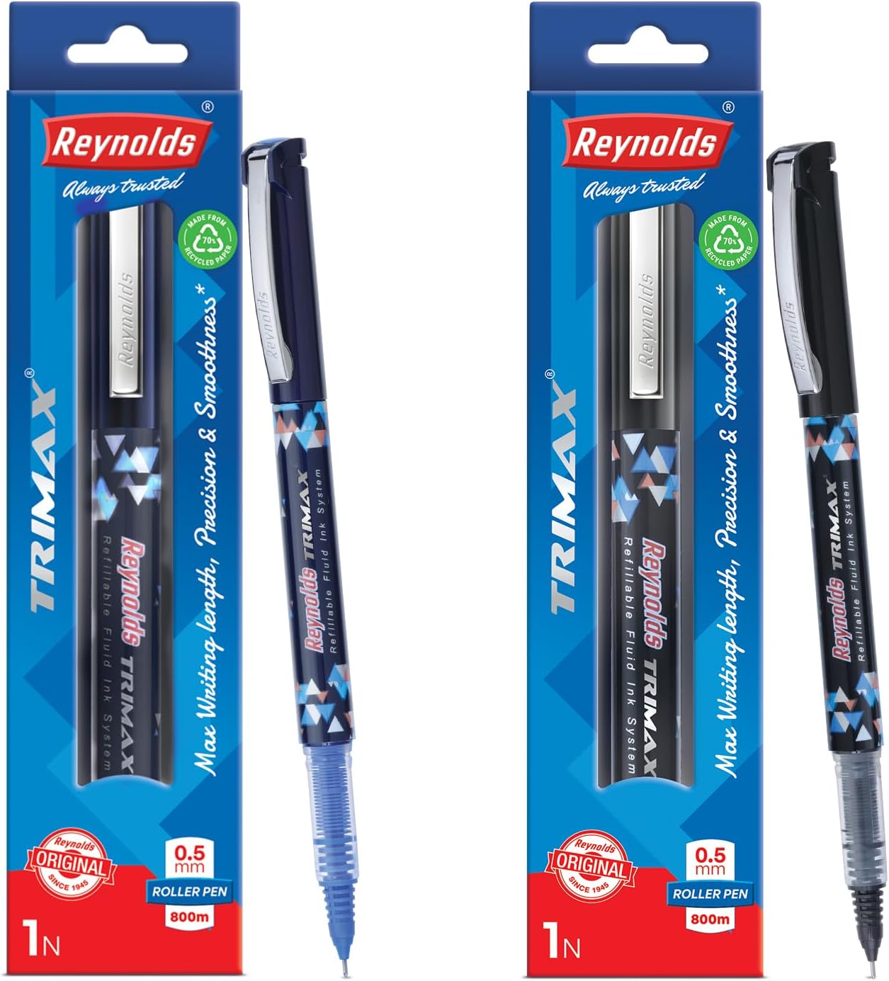 Reynolds Trimax 2 ct Pouch - 1 Blue, 1 Black Gel Pen I Lightweight Gel Pen With Comfortable Grip for Extra Smooth Writing I School and Office Stationery