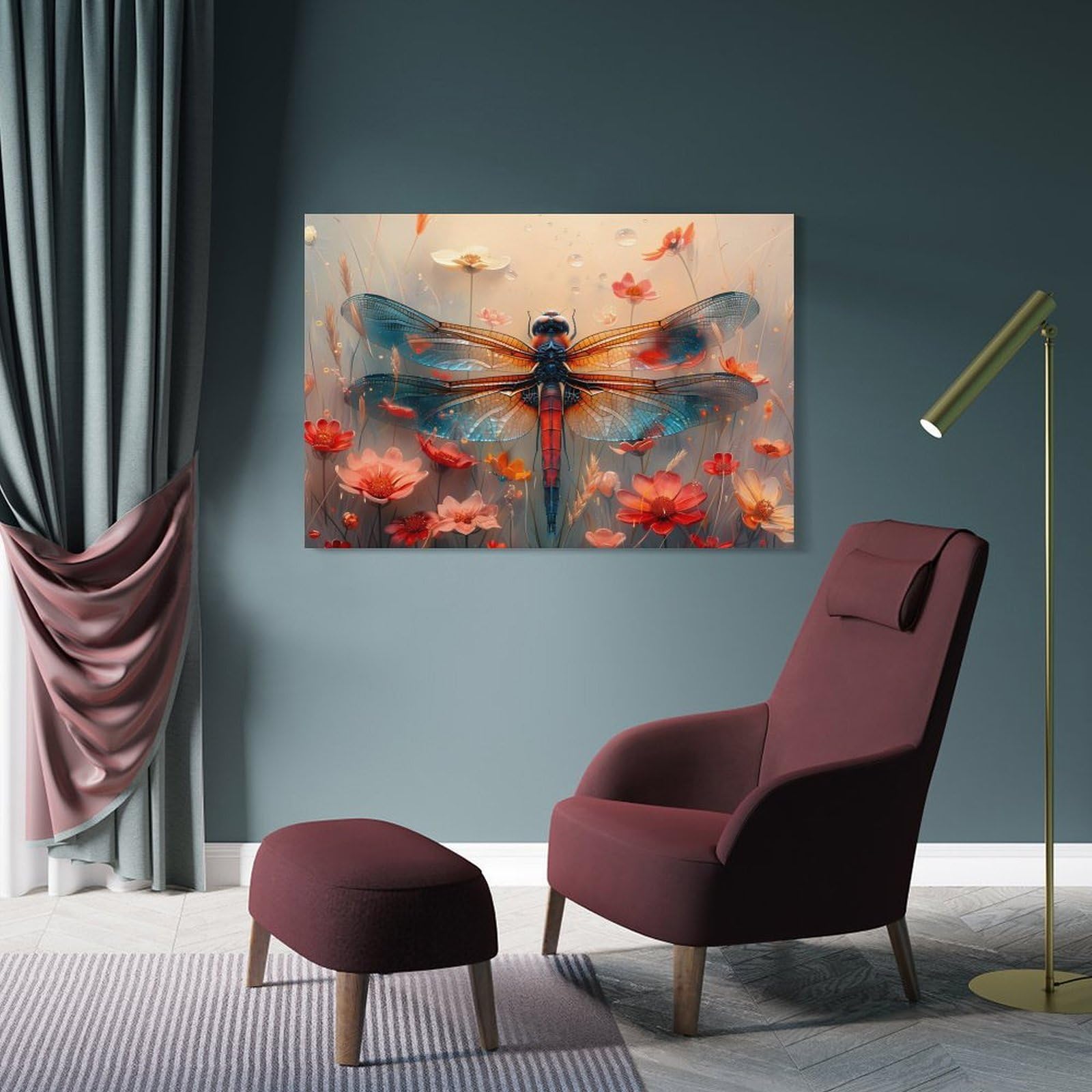 Junmoney Frame-Style-21 Dragonfly With Flowers Wall Picture Print, 16X24inch(40X60cm), For Workspace Walls, Study Corners Or Bedrooms, Wall Art That Adds Style To Work Areas