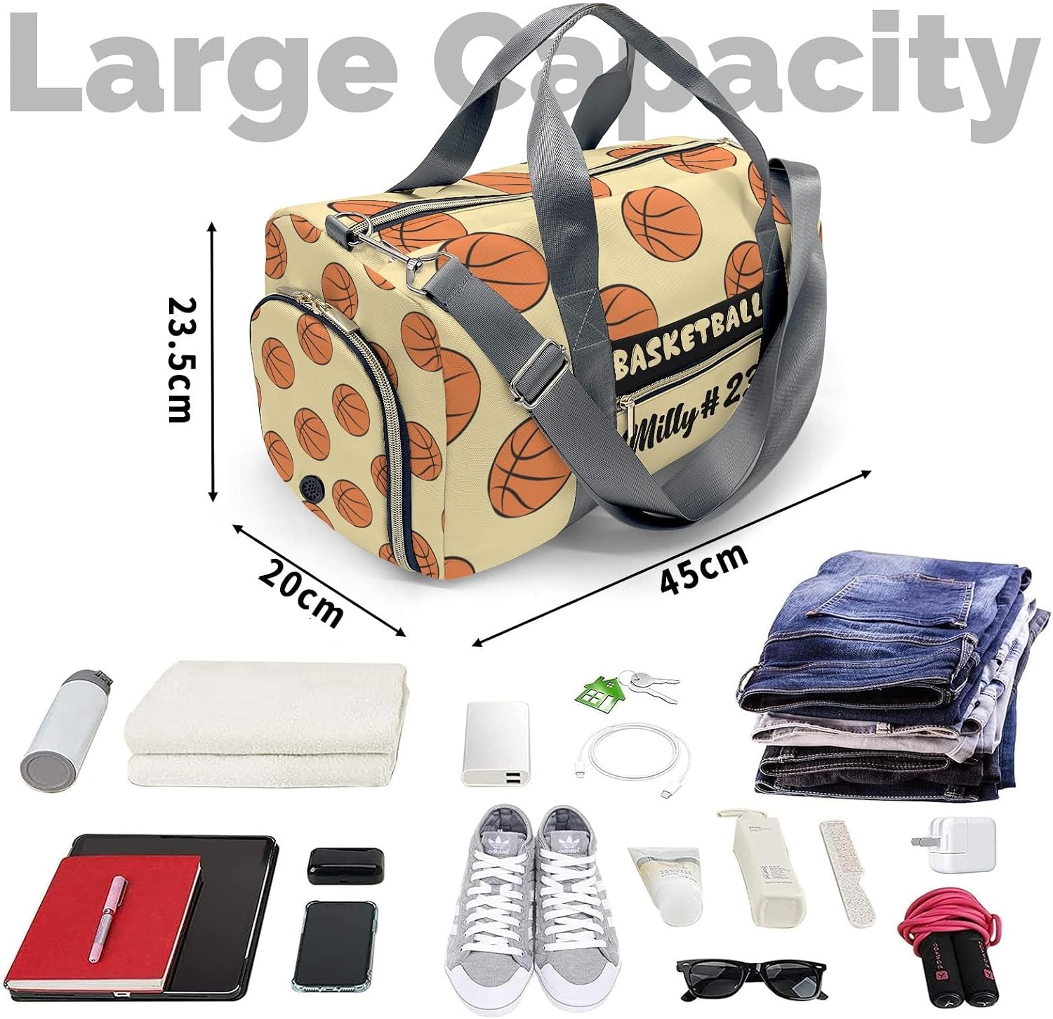 Personalized Light Yellow Khaki Basketball Duffle Bag with Name for Women Man Custom Travel Perform Training Bag