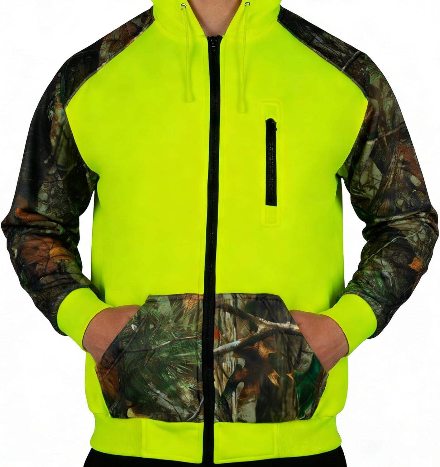 Hi Vis Camo Hoodie for Men,Safety Reflective Jakcet Sweatshirt with Camouflage Sleeves Zipper for Work Construction - Image 4
