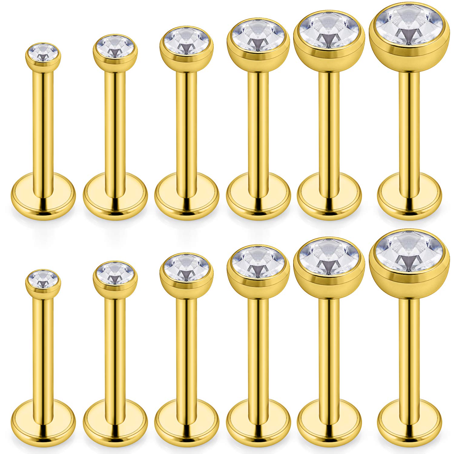 SCERRING 6 Pairs 16g Stainless Steel Jeweled Clear CZ Internally Threaded Labret Monroe Lip Tragus Cartilage Helix Earring Ring Body Piercing Jewelry