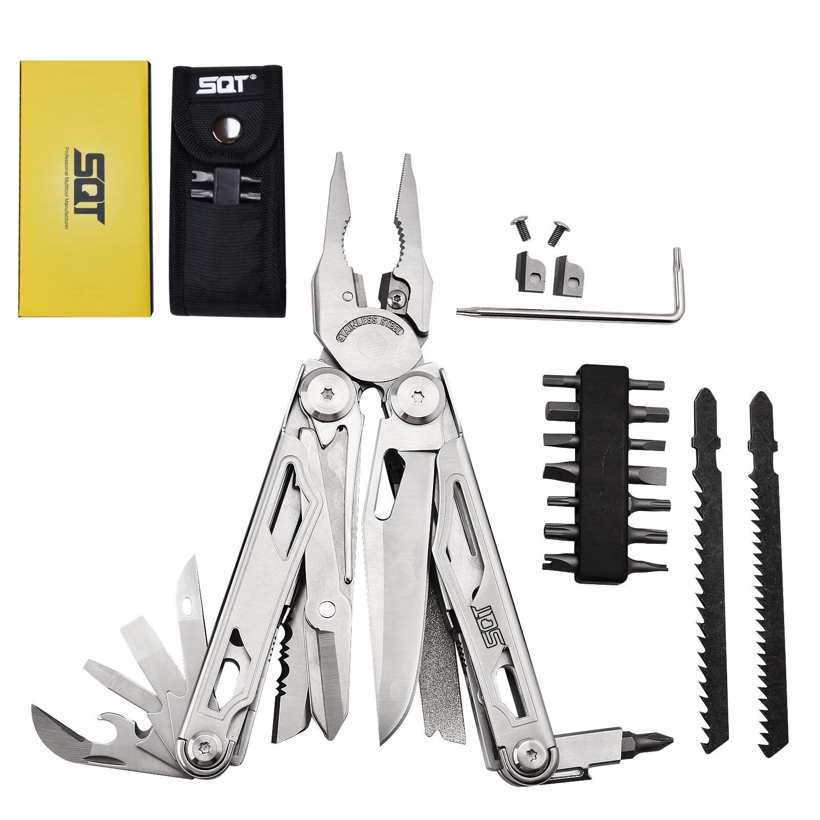 SQT 20 en 1 Outil Multifonction en Acier Inoxydable, Pince Multifonction avec Scie & Tournevis, Parfait pour Randonnée, Réparation et bricoler, Cadeau Papa Cadeau Homme, étui nylon inclus, 2045