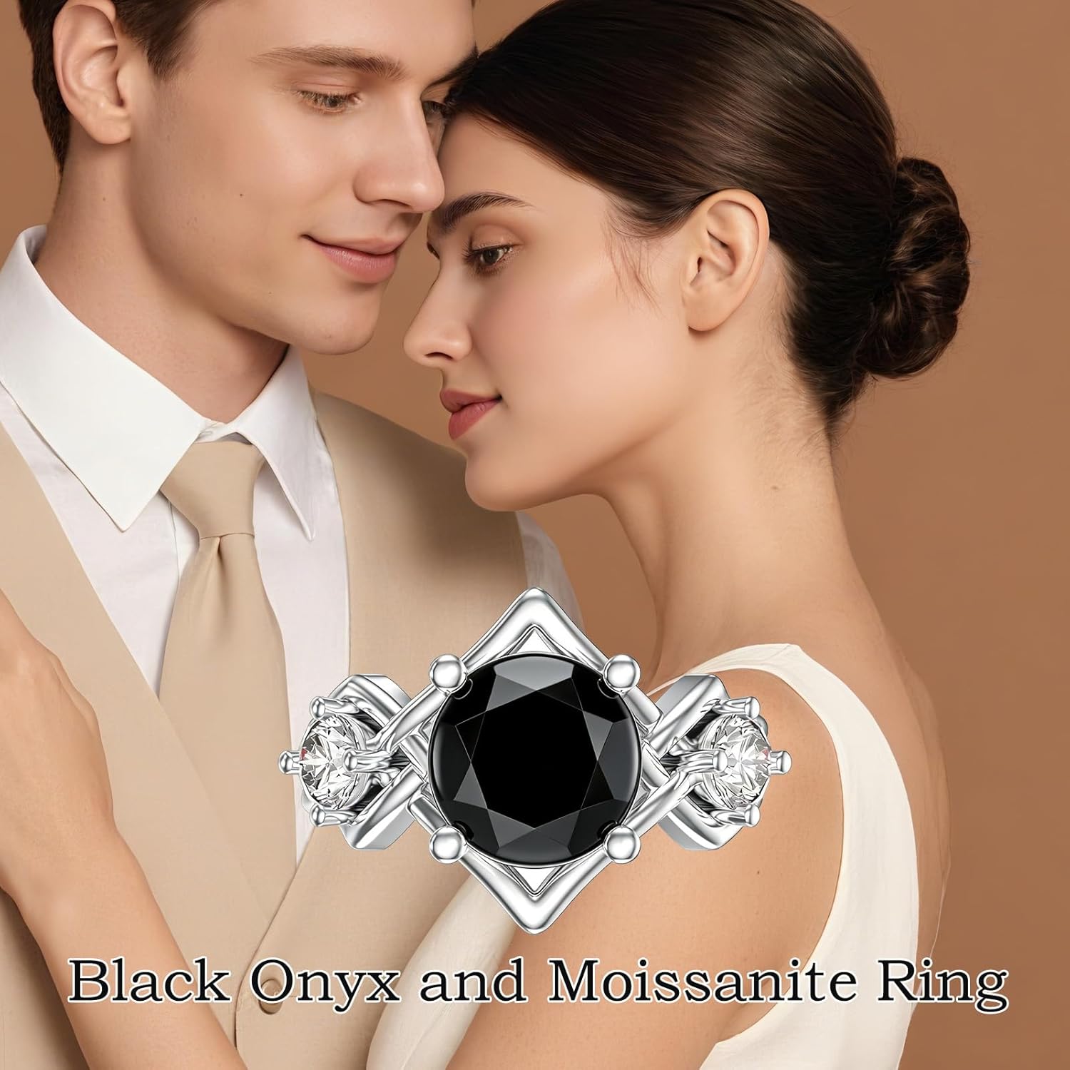 0.3 CTTW Moissanite with Genuine Black Onyx Engagement Ring 925 Sterling Silver Heart/Oval/Round Cut Black Onyx Moissanite Anniversary Ring for Women Gifts Size 4-13(Gift Box)
