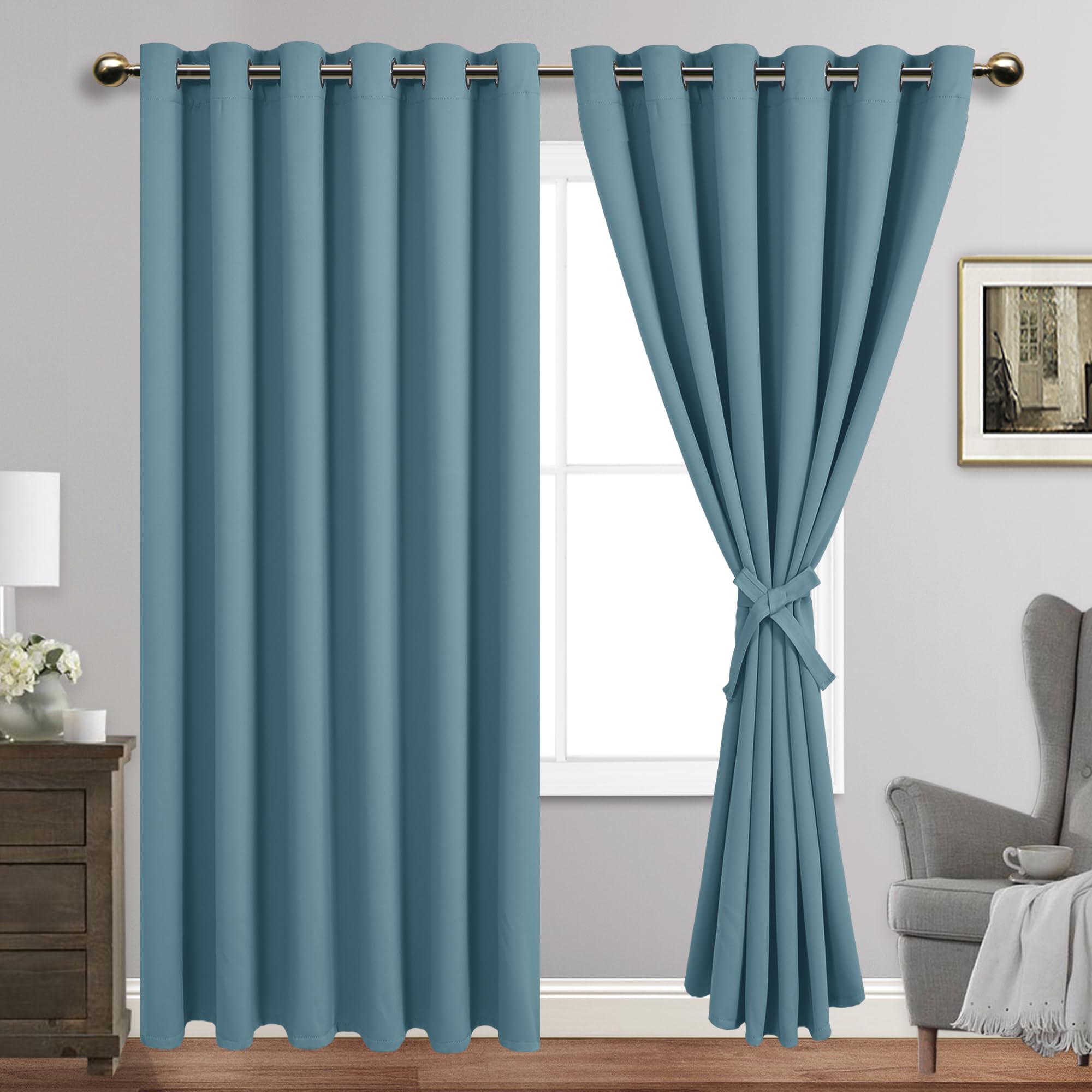 JIUZHEN Stone Blue Blackout Curtains with Tiebacks Thermal Insulated, Light Blocking and Noise Reducing Grommet Curtains for and Living Room, Set of 2 Window Curtain Panels, 70 x 84 Inch Length