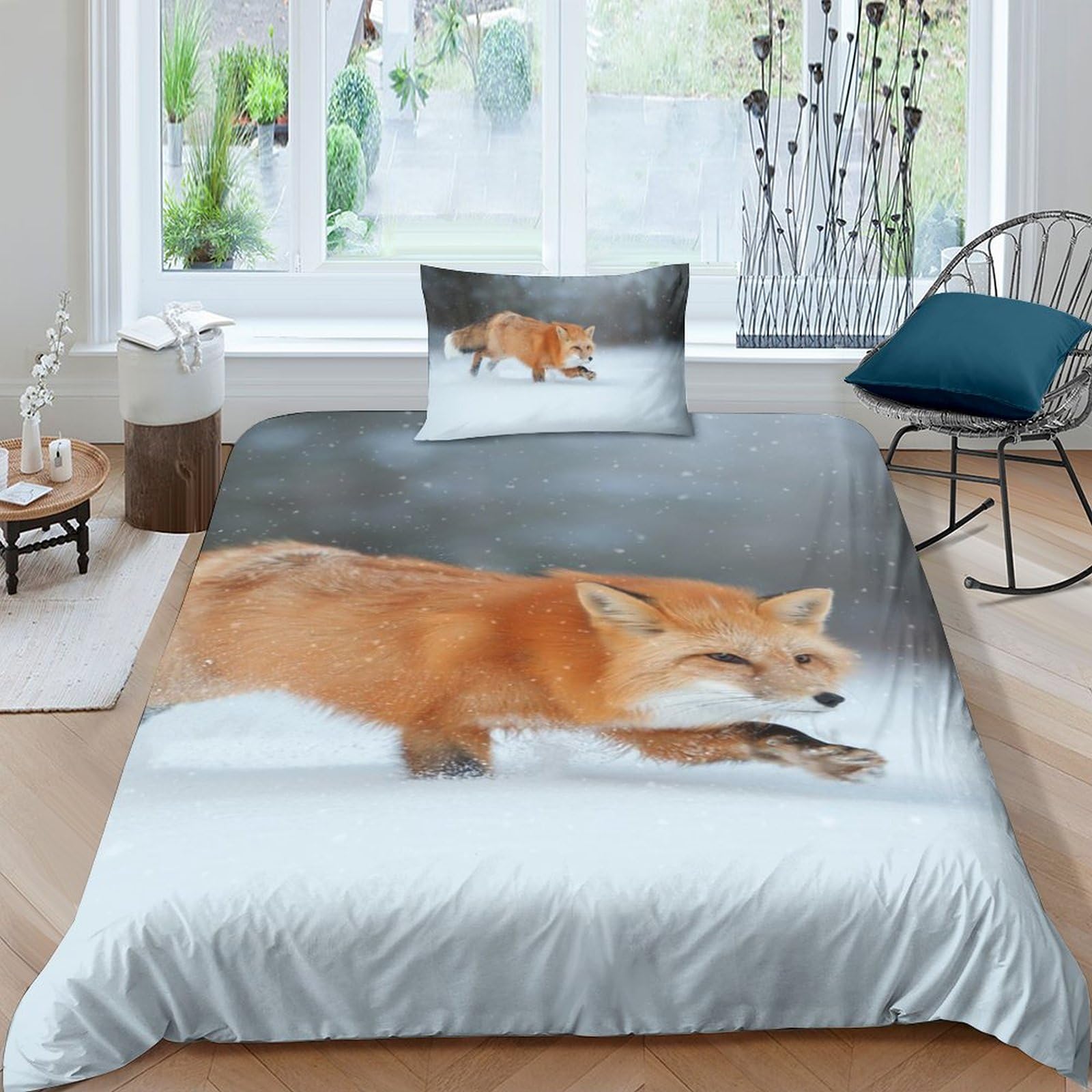 Cute fox housse de couette 3 pièces microfibre motif snow fox pour literie adulte et ado