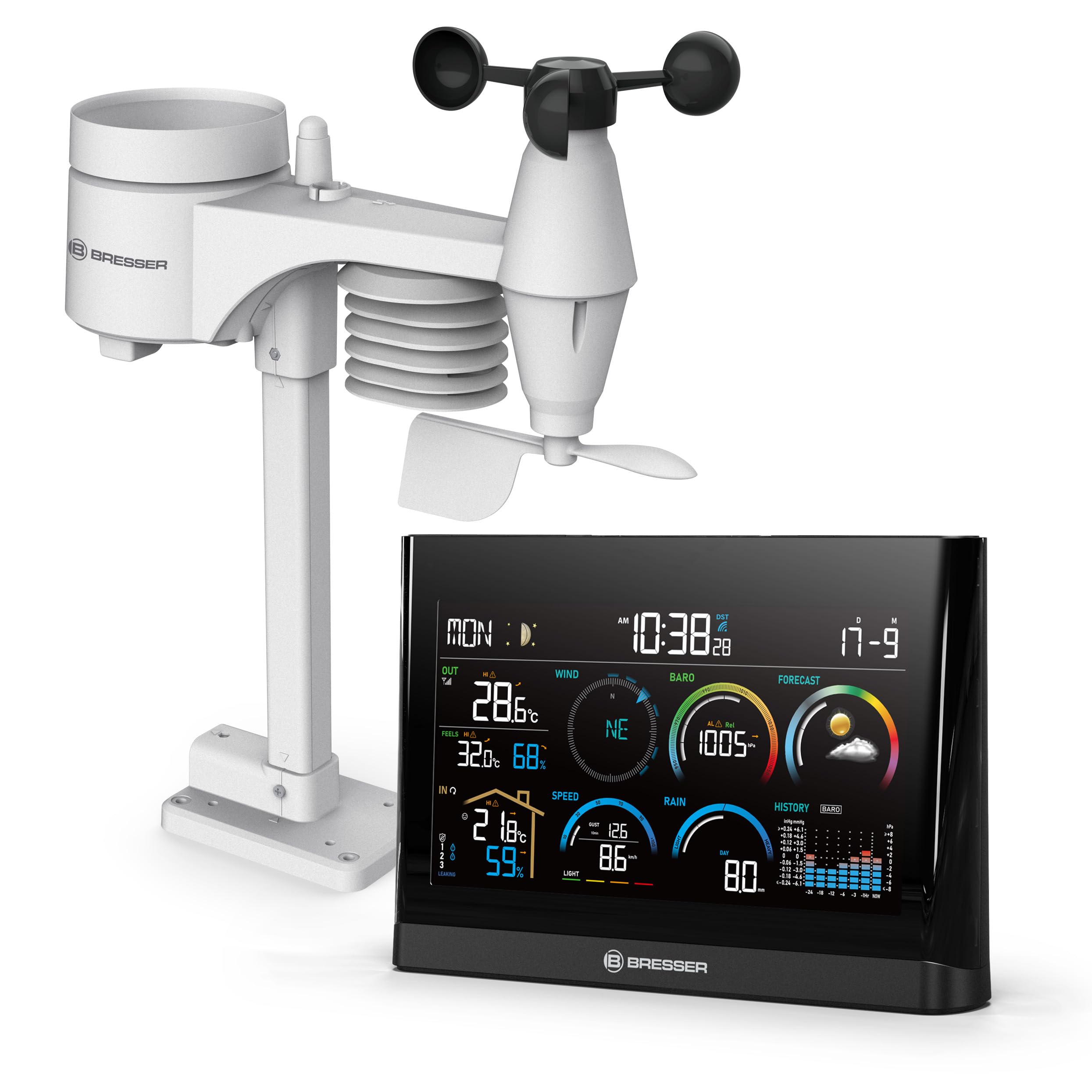 Bresser 5-in-1 Profi-Wetterstation mit Außensensor, Wetterindex, Frostwarnung, Schwarz | Innentemperatur und Außentemperatur, Luftfeuchtigkeit, Regenmesser, Windmesser, Wettervorhersage, Frostwarnung