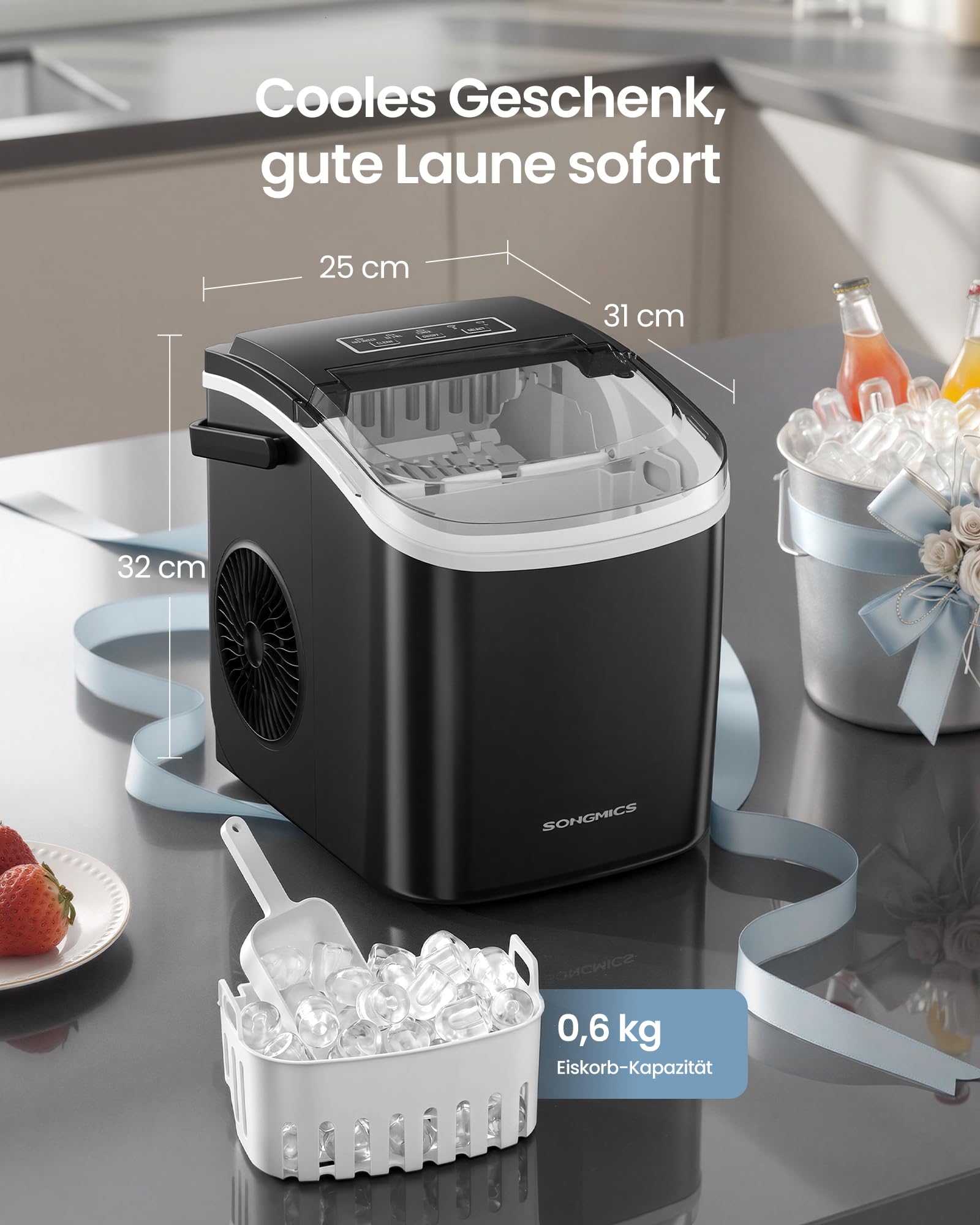 SONGMICS Eiswürfelmaschine, Eiswürfelbereiter, Eismaschine mit Selbstreinigung, in 6 Minuten 9 Würfel in 2 Größen, 12 kg in 24 Stunden, tragbar, Küche, WG, Party, Camping, tintenschwarz XZB001B1EU
