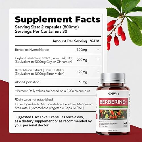 Miniatura 6 de HiWell Berberina con canela de Ceilán | Apoya el azúcar en la sangre, la salud del colesterol y el sistema inmunológico* | Suplemento de berberina