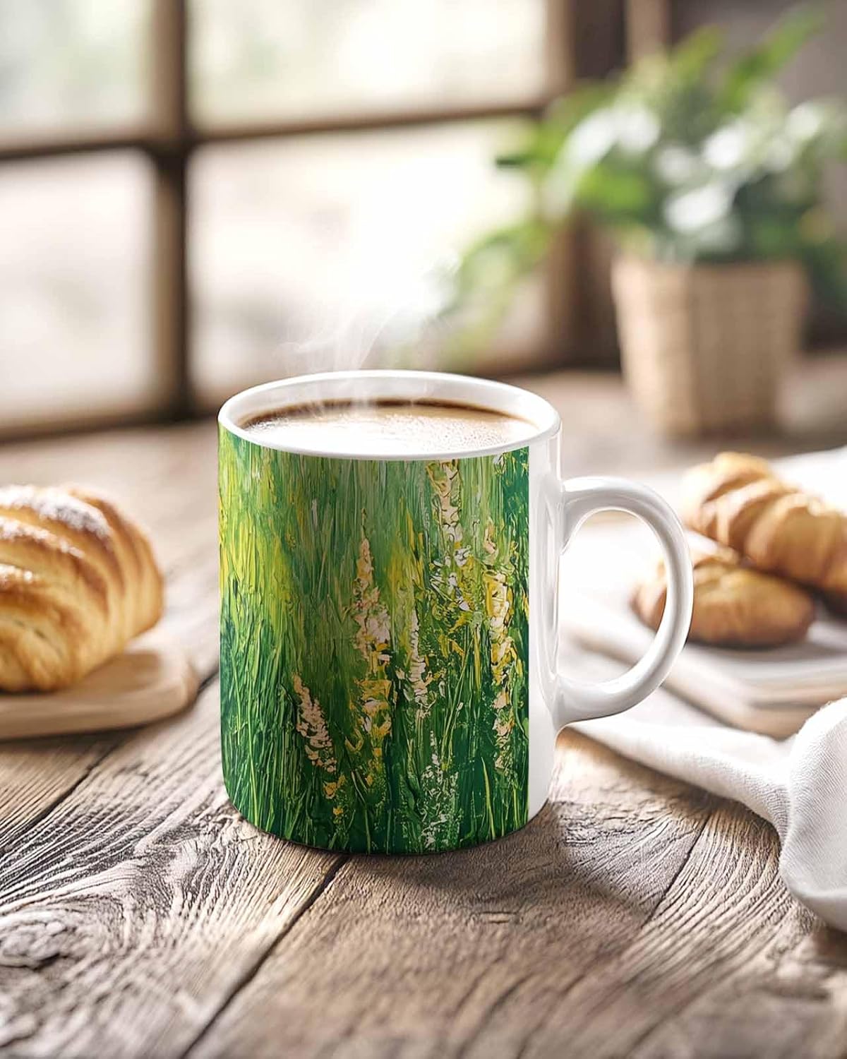 BEMIGO Ceramic Coffee Mug Spring Green Field Ceramic Mug White Cup, Nature Pastoral Insulated Coffee Cup with Handle with Pattern Perfect for Tea and Hot Beverages, 12oz