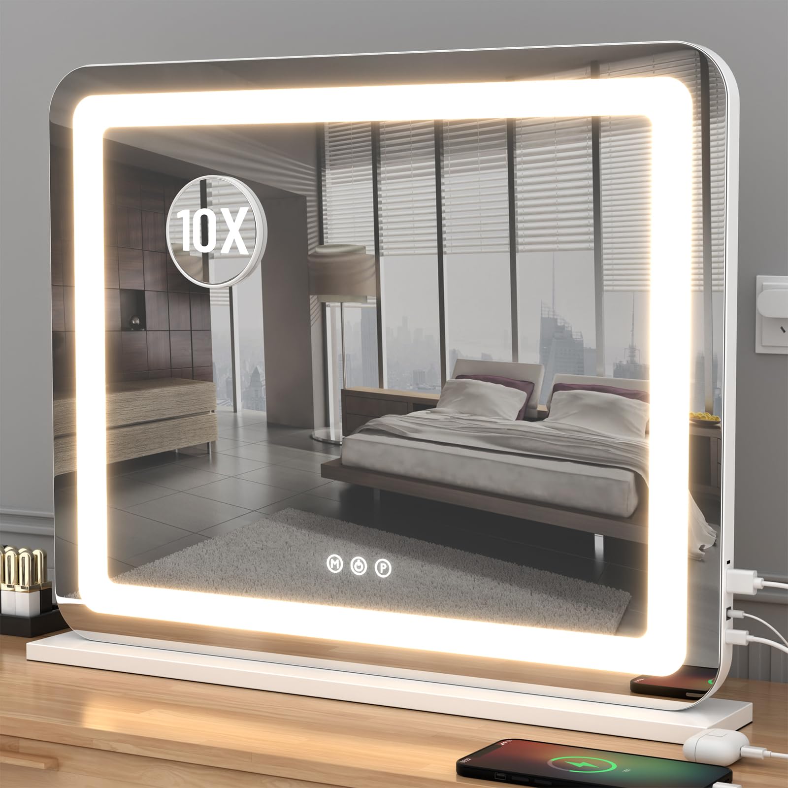 AJJSSA Vanity Mirror with Lights, 23"x 18" Large LED Lighted Mirror with Detachable 10X Magnification & 3 Colors Modes, and USB Charging Port for