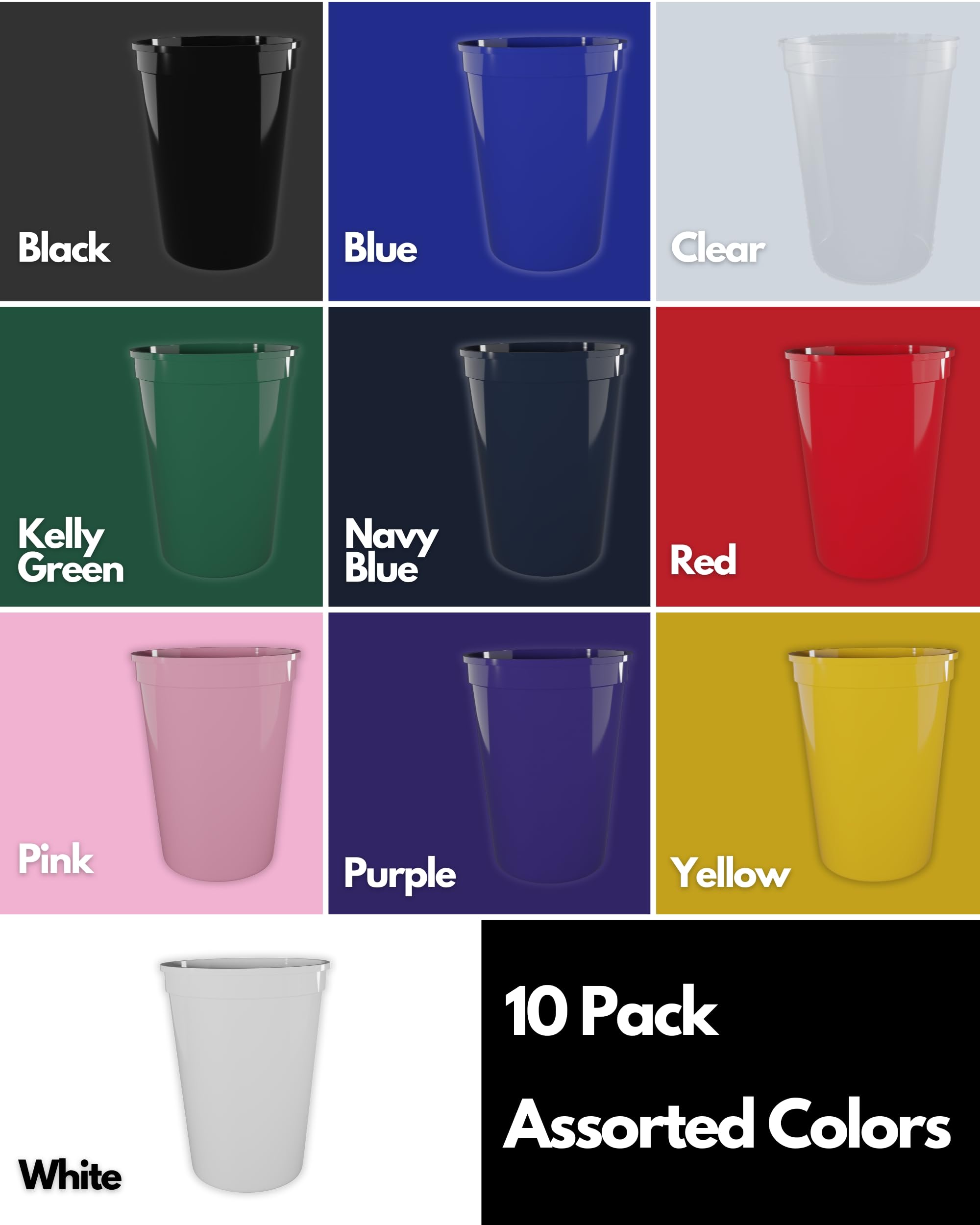 PartyPrints 10 Pack 16 oz Assorted Reusable Blank Plastic Cups, Stadium Cups Bulk – BPA Free Dishwasher Safe, Party Colored Cups Perfect for Weddng, Birthday Graduation, Clubs