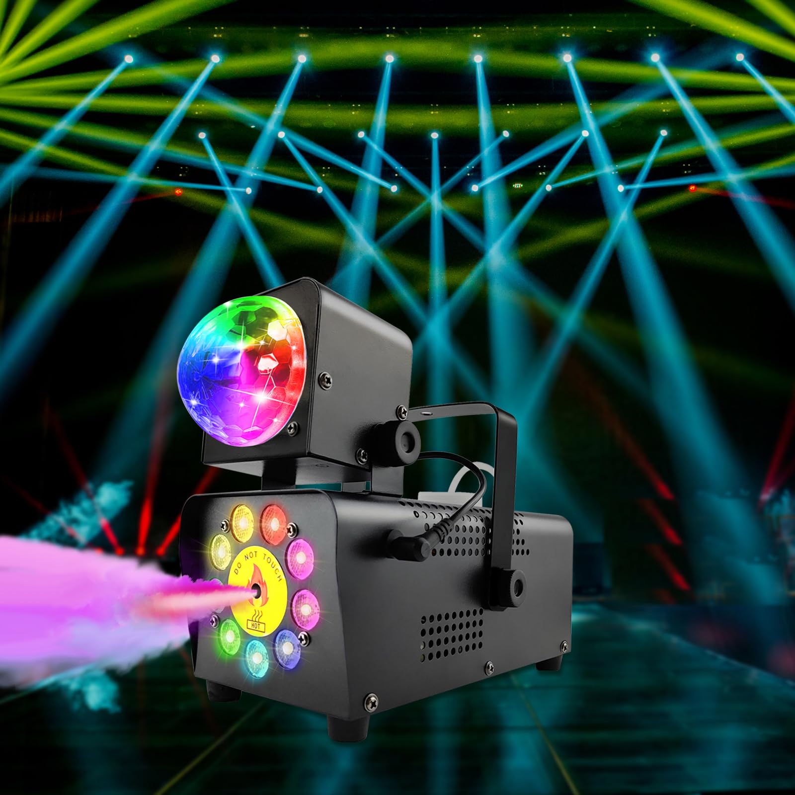Máquina de niebla de 500 W con bola de discoteca, 12 colores / 9 LED efecto luz ahumada, mini luz de discoteca, luz de fiesta con mando a distancia inalámbrico para DJ, discoteca, fiesta, Halloween,