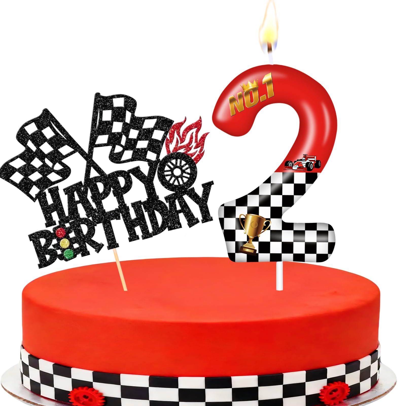Racing Cars Themed Number Candles, Cake Candles with Greeting Card for Birthday Party Wedding Anniversary Celebrations(2 Candle,Racing Cars)