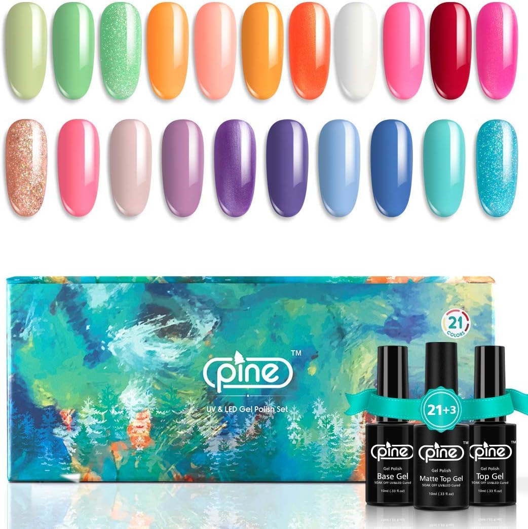 Pine 21 Colors Gel Nail Polish Set with Base No Wipe Glossy Top Matte Top Coat 24 Pcs Soak Off UV LED Gel Green Red Purple Blue Shimmer Glitter Nail Art Manicure