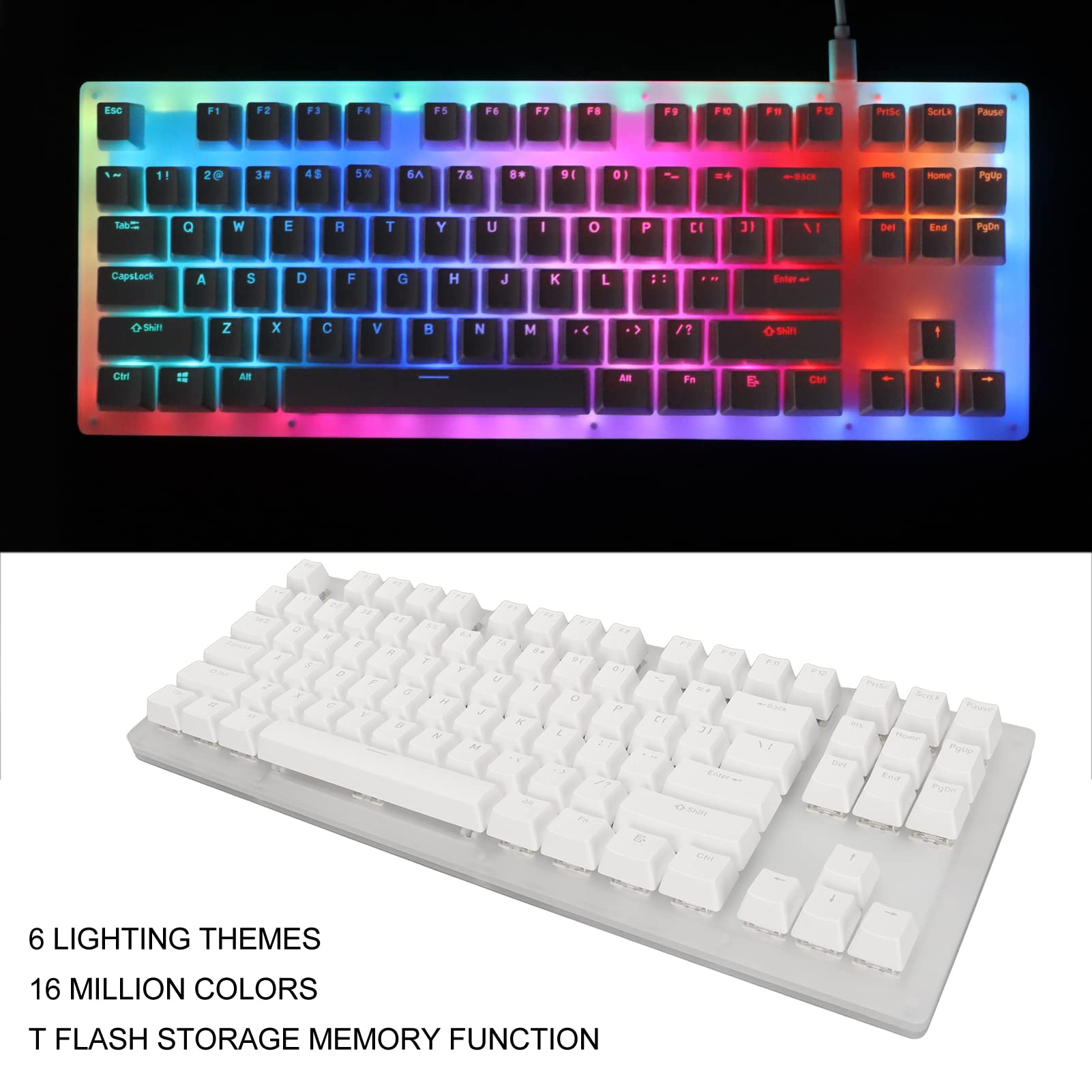 87 Klawiszy Klawiatura, 87 Klawiszy RGB Podświetlany Szklany Panel Mechaniczna Klawiatura do Gier, Typ C Przewodowa USB3.1 Półprzezroczysta Podstawa Komputerowa USB Klawiatura do Gier na PC (Niebieski przełącznik)