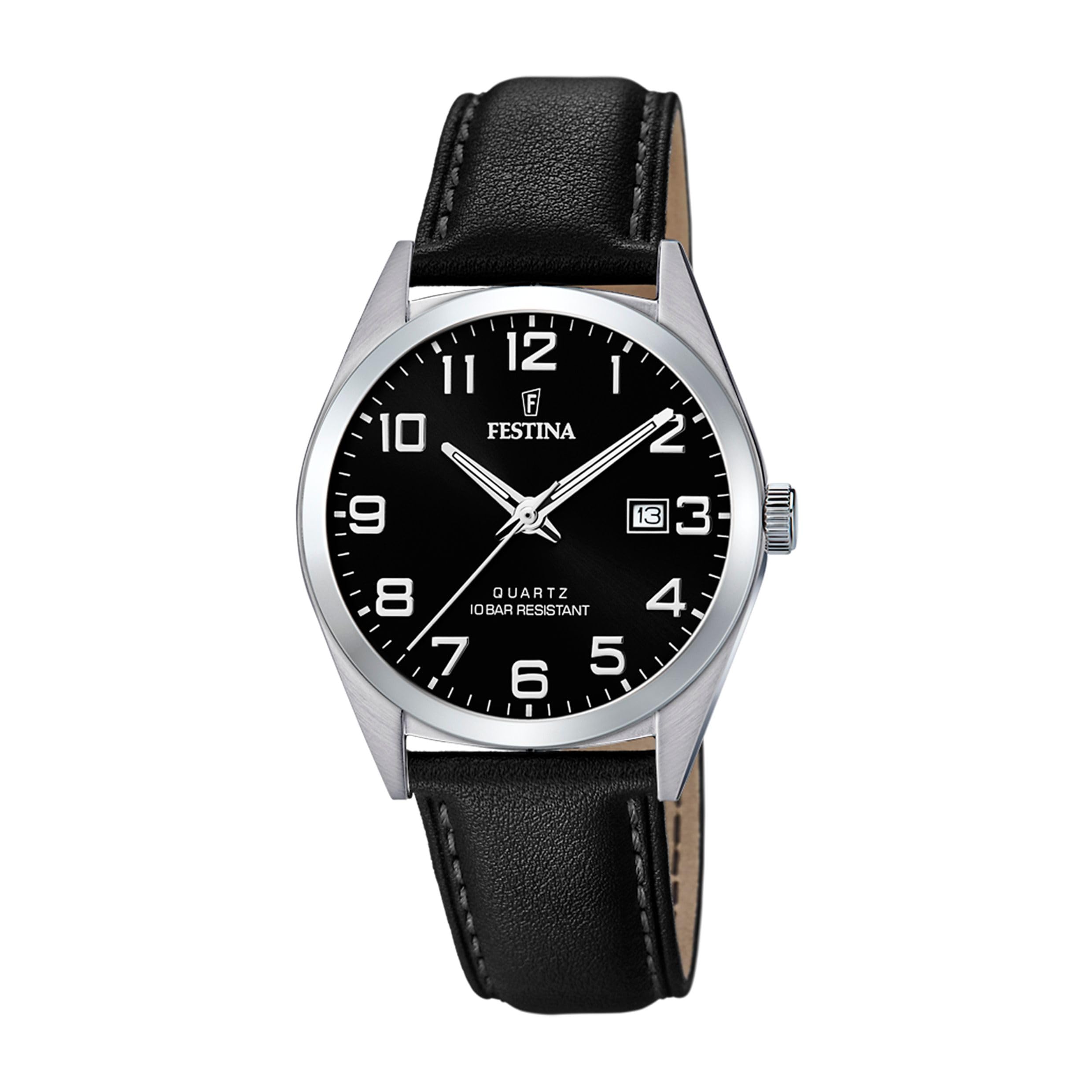 Festina Herrenuhr Analog aus Edelstahl und Leder Schwarz | Quarzwerk, Kalender, Widerstandsfähiges Mineralglas, Wasserdicht 10 ATM Elegant F20446/3