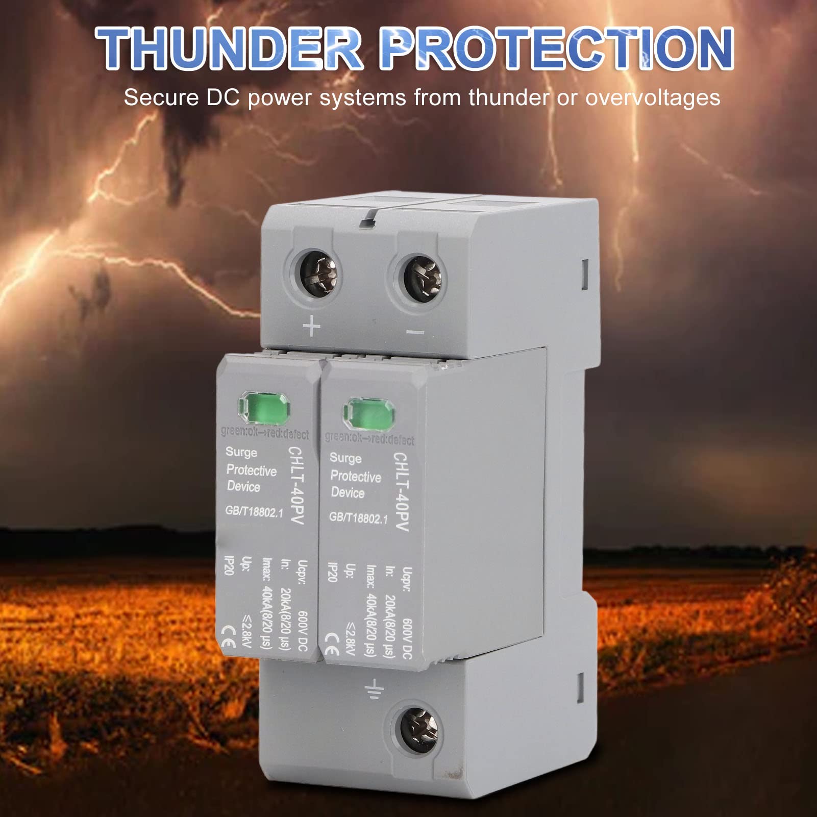 Parafoudre Photovoltaïque 2P, Parafoudre de Surtension DC600V DC, Haute Précision et Stable Parafoudre Basse Tension pour la Protection Des Équipements Électriques