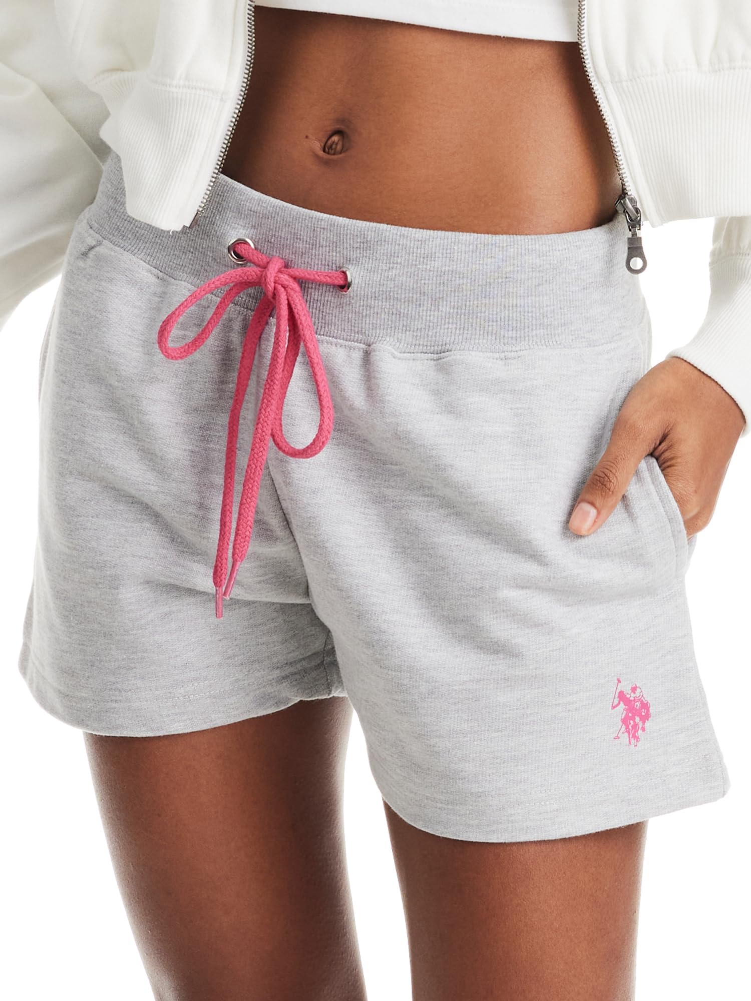 U.S. Polo Assn. Grey Shorts for Women, Comfy French Terry Poly-Cotton SweatShorts with Pockets (Heather Grey, Large)