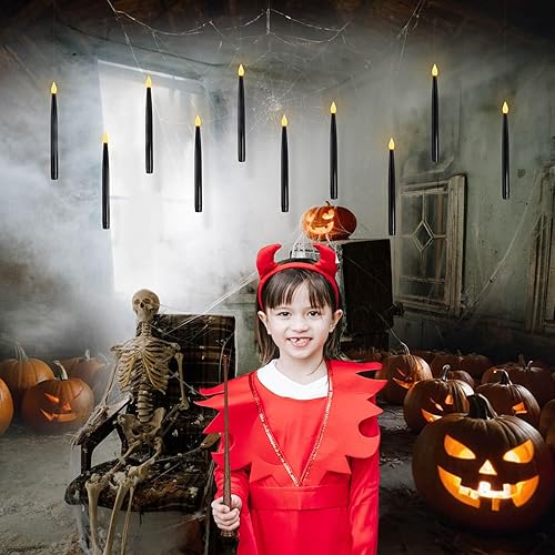 Miniatura 2 de Leejec 10 velas flotantes de 10.8 pulgadas, varita mágica con temporizador de 618 horas, decoraciones de Halloween, velas cónicas colgantes sin