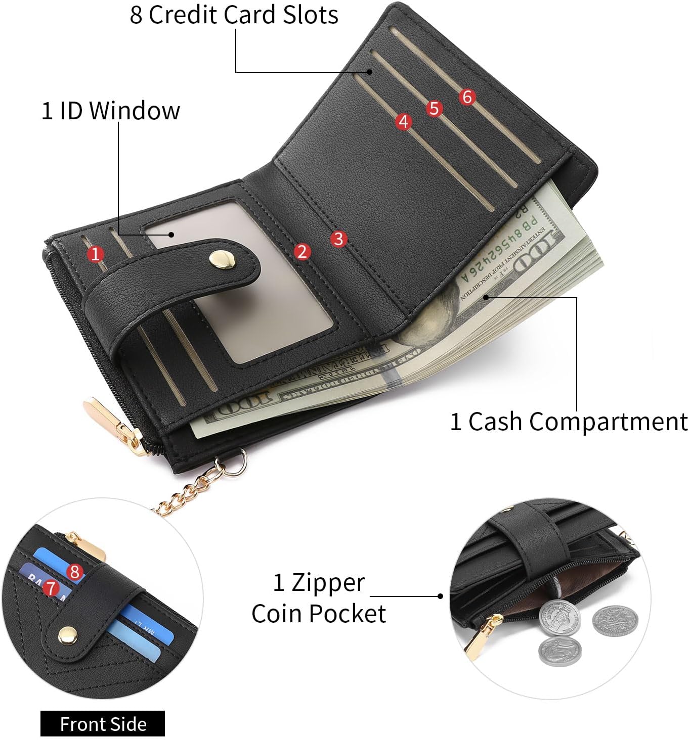 GAEKEAO Slim Wallet for Women, RFID Blocking Credit Card Holder Bifold Wallet with Zipper Coin Pocket, ID Window - Image 8