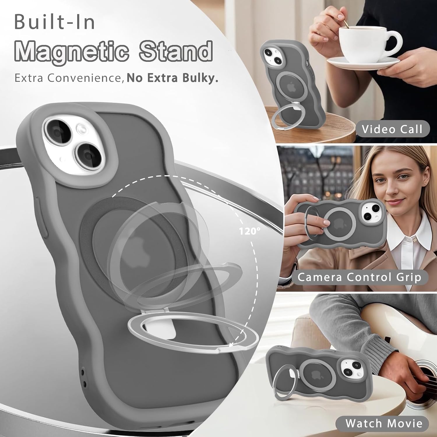 for iPhone 13 Case for iPhone 14 Case, Compatible with Magsafe Invisible Magnetic Ring Stand Wavy Frame Cute Translucent Hard Back Silicone Bumper Shockproof Phone Case Women Girls, Grey - Image 4
