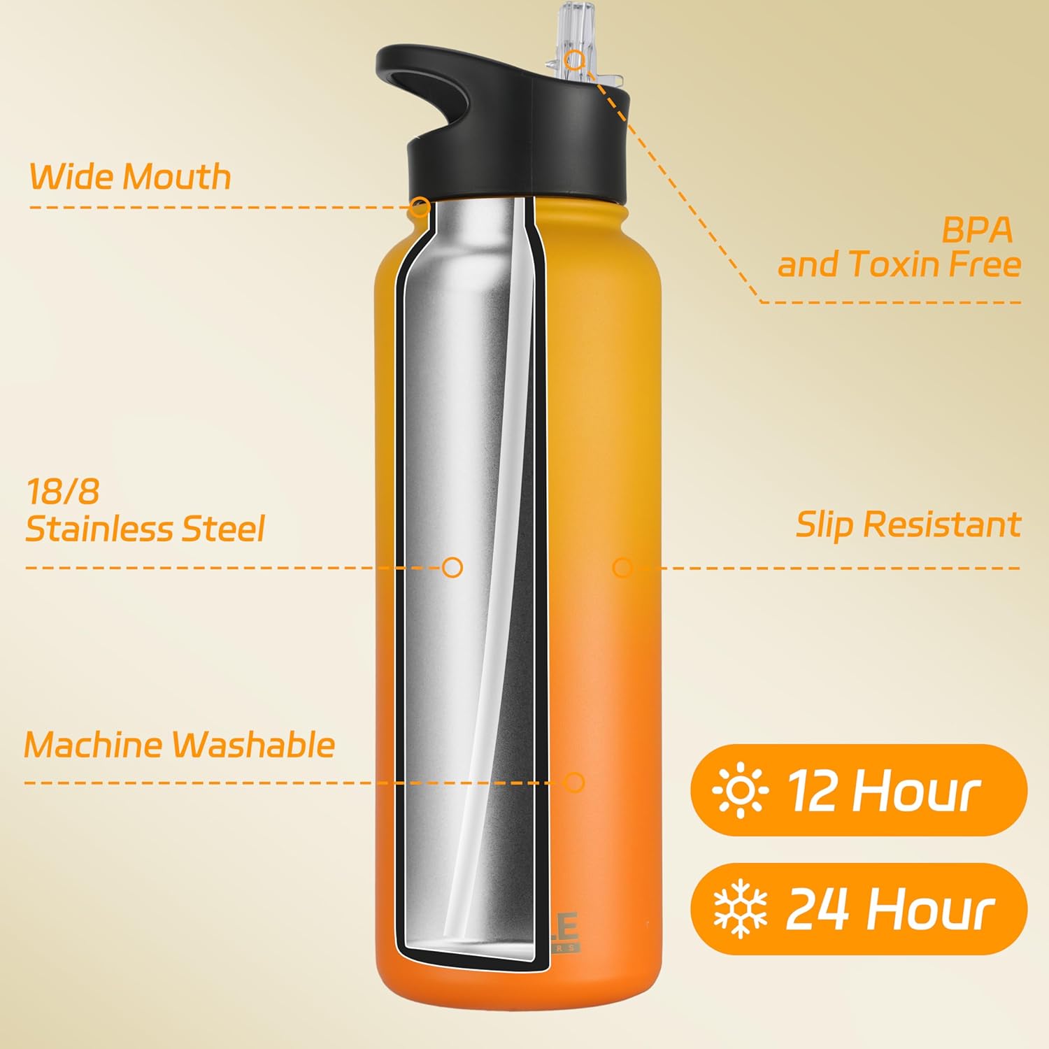 HASLE OUTFITTERS 40oz Stainless Steel Water Bottle, Vacuum Insulated Double Walled Leak Proof Sports Water Bottle with 2 Lids (Straw and Spout Lid) Keep Cold and Hot(Yellow Orange Gradient,1) - Image 2