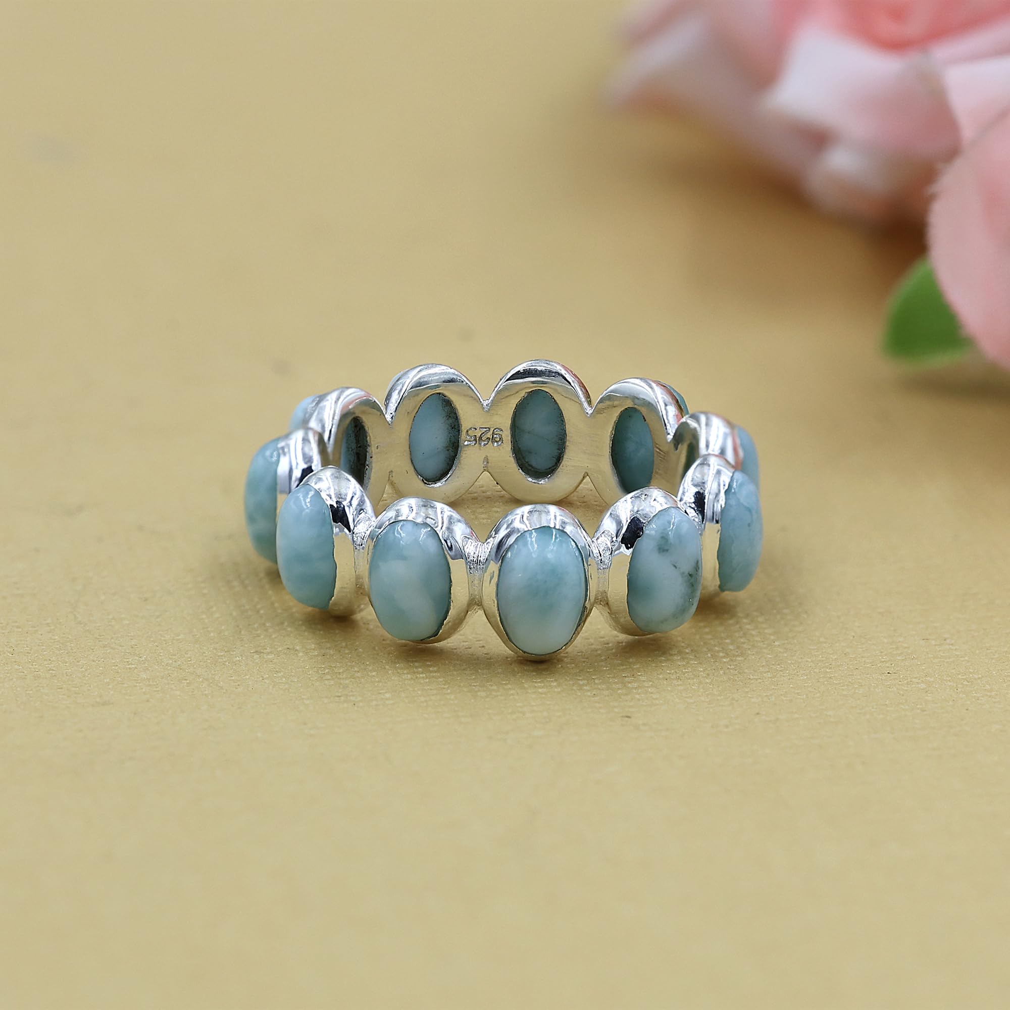Anillo de plata de ley 925 con larimar natural para mujer, anillo de eternidad, joyería de piedras preciosas de larimar azul para niñas