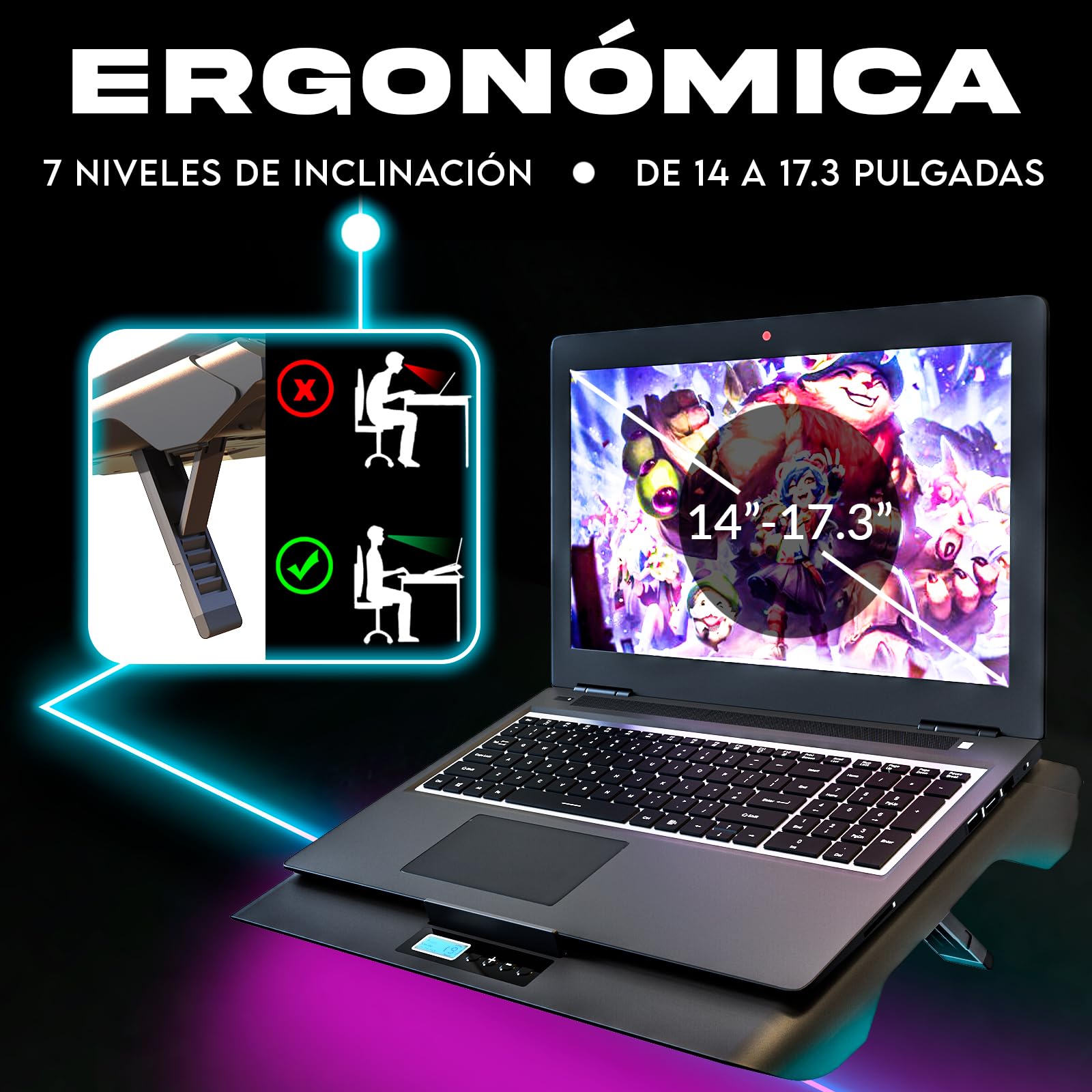 KLIM Everest Plus Base Refrigeradora Laptop Gaming - Ventilador 6300 RPM | Base refrigeradora DC con dos ventiladores turbo, luces RGB, espuma sellada - enfría rápido. Para laptops 11-17,3 pulg.
