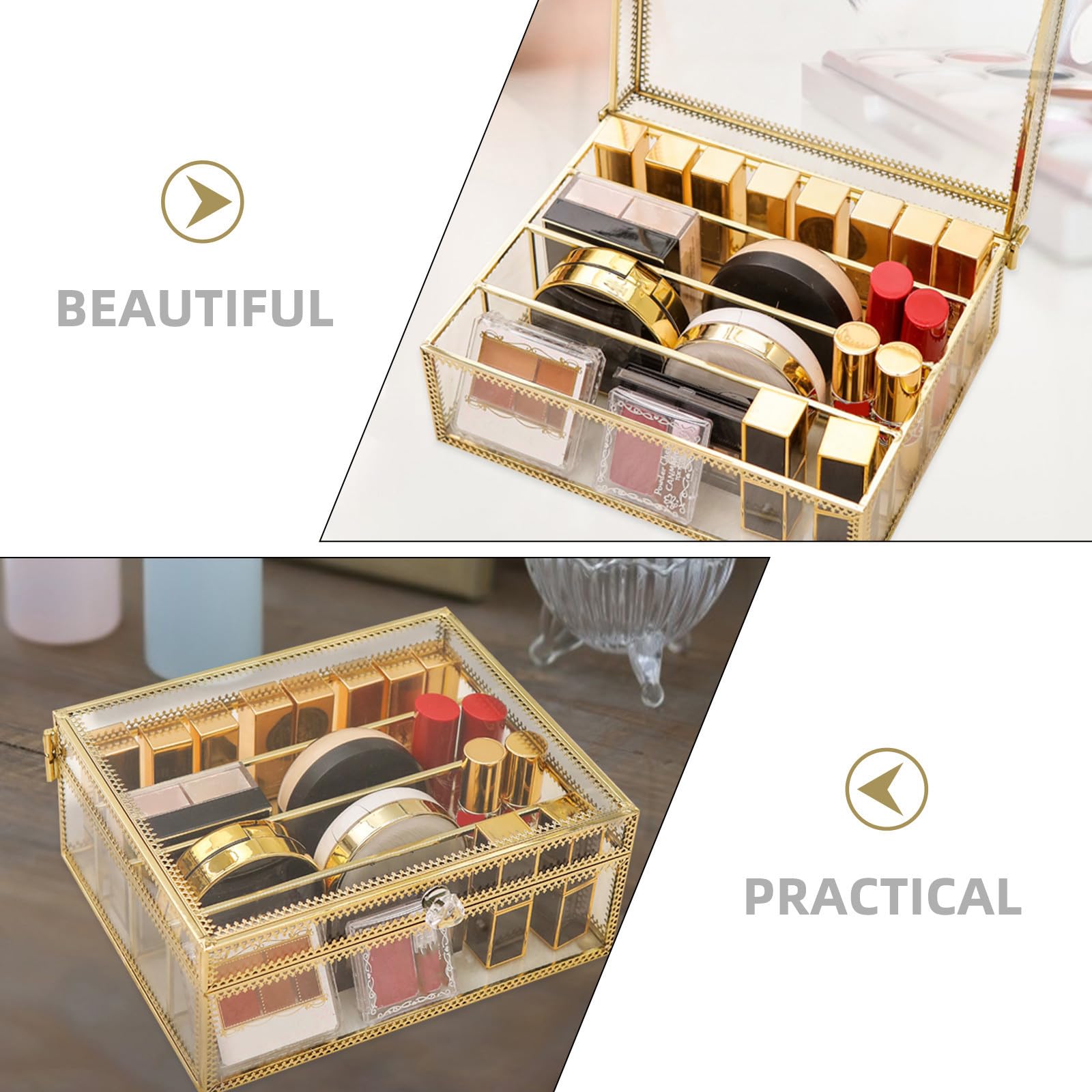 TIDTALEO Scatola Portatrucchi in Ottone e Vetro Coperchio, Contenitore Cosmetico Medio Resistente e Pratico, Organizer per Trucco da Scrivania per Ombretti, Rossetti e Ciprie