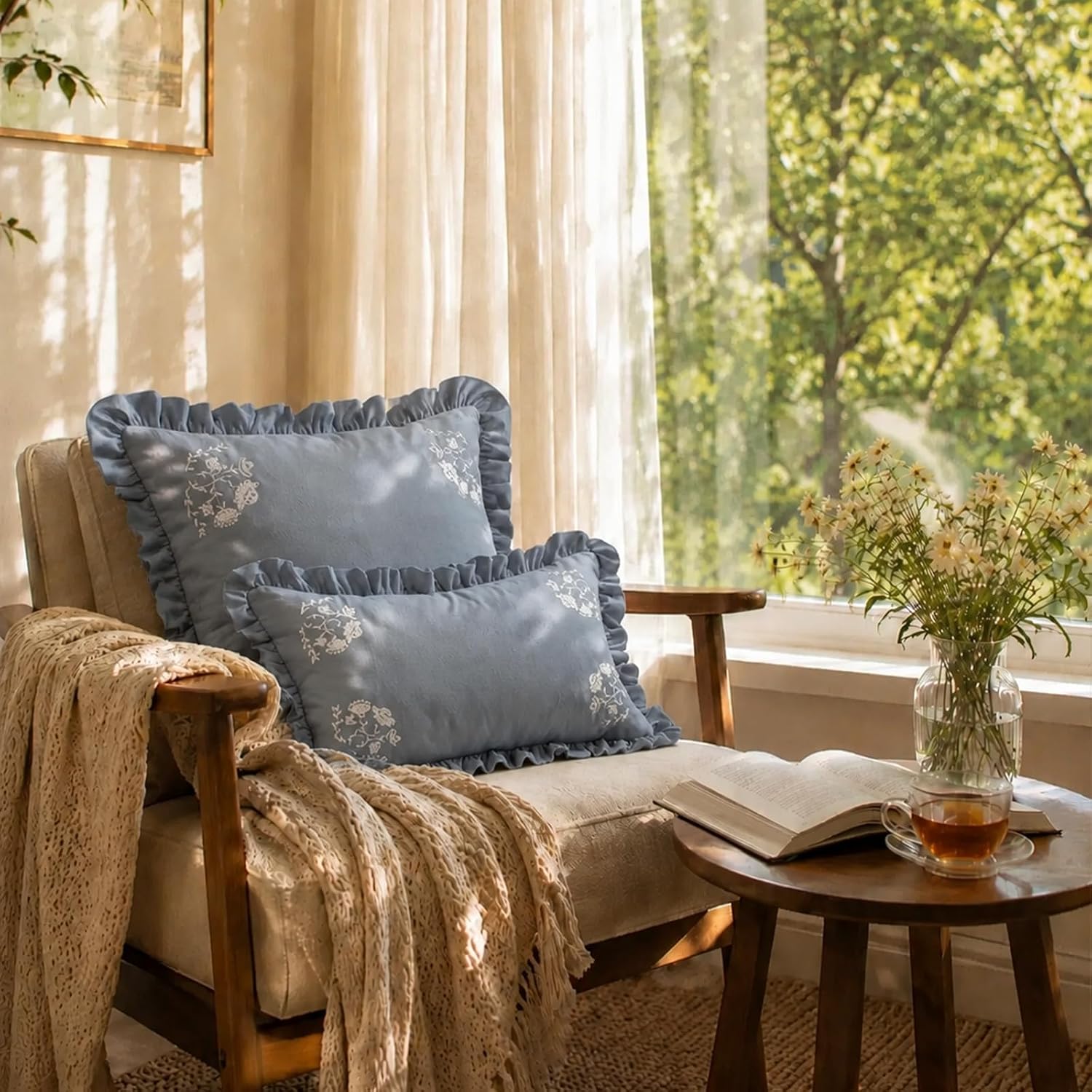 Blue Set of 2 18x18 &12x20 Inch Flower Decorative Pillow Cover, Ruffled Floral Pillow Sham, Comfortable Couch Cushion, Stylish Pillow Case for Sofa Bedroom Farmhouse Home Decor