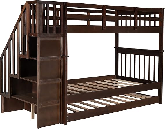 Twin Over Twin Bunk Bed with Trundle and Storage Staircase, Espresso