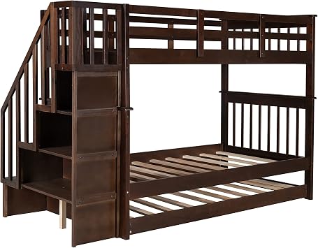 Twin Over Twin Bunk Bed with Trundle and Storage Staircase, Espresso