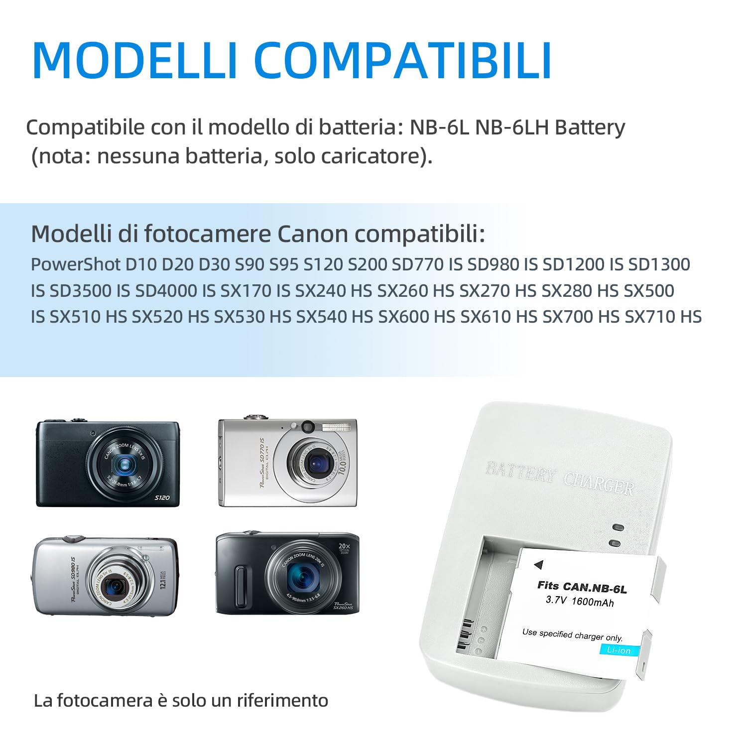 NB-6L/NB-6LH CB-2LY Caricabatterie Compatibile con Canon PowerShot SX540 HS, SX530 HS, SX520 HS, SX510 HS, SX500 HS, SX170 IS, SX700 HS, SX710 HS, SX610 HS, SX600 HS, S120, D20, D30, S90